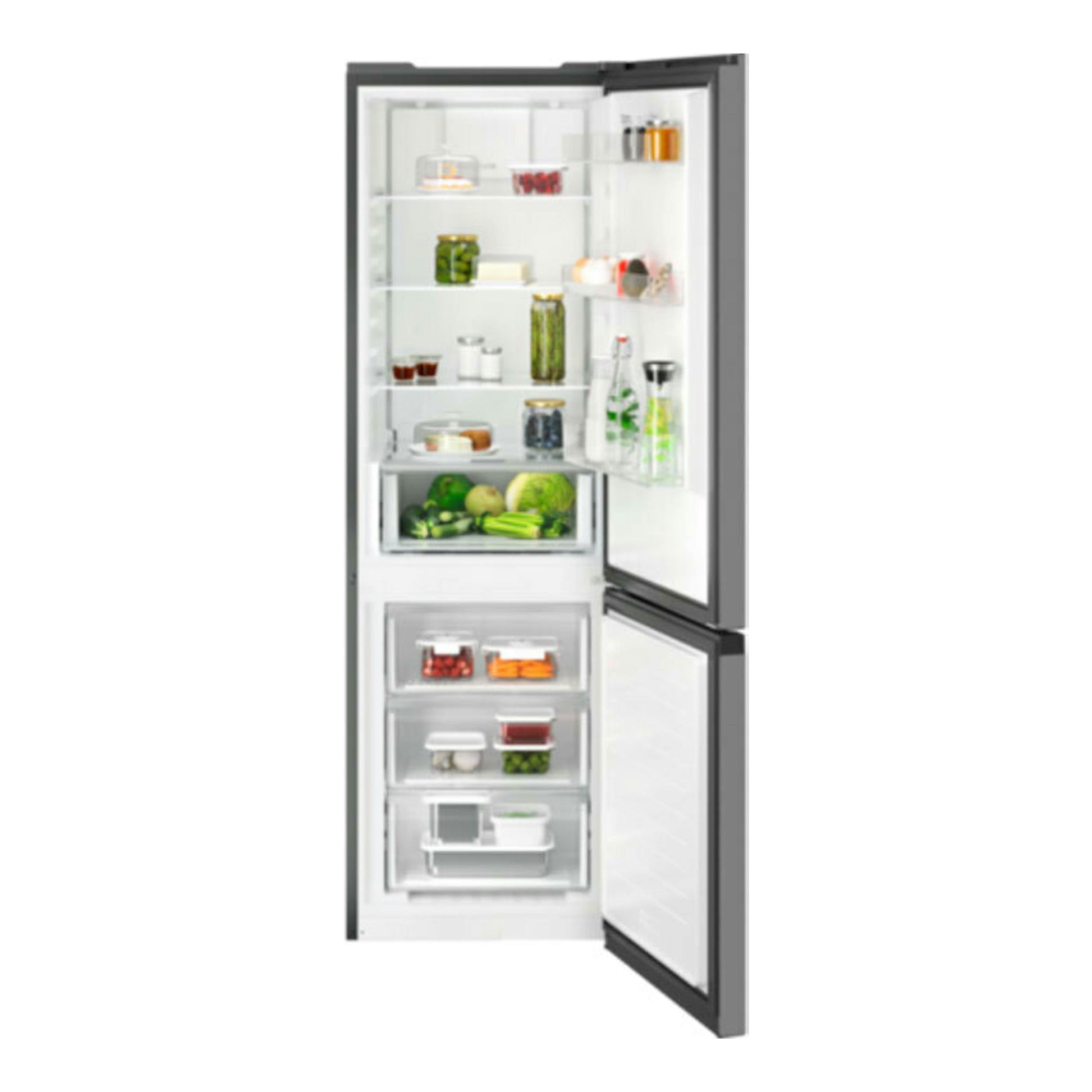 Frigorífico combi AEG ORC6N321DS inox, vista frontal con puertas abiertas y interior visible.