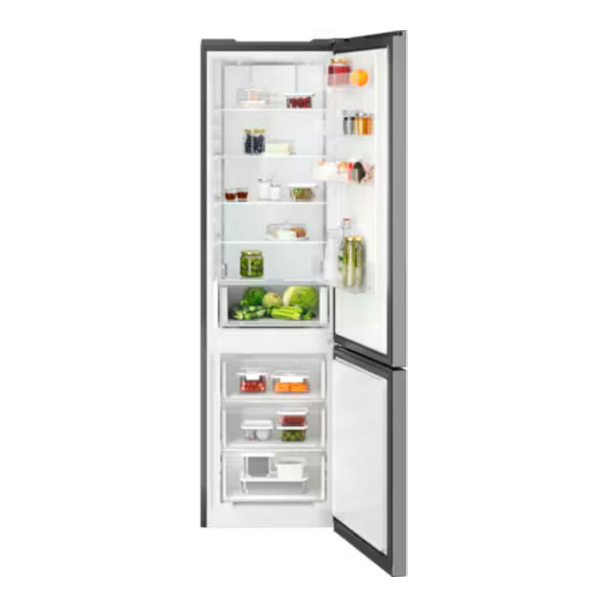 Frigorífico combi AEG ORC6N361DS inox, vista frontal con puertas abiertas y compartimentos interiores.