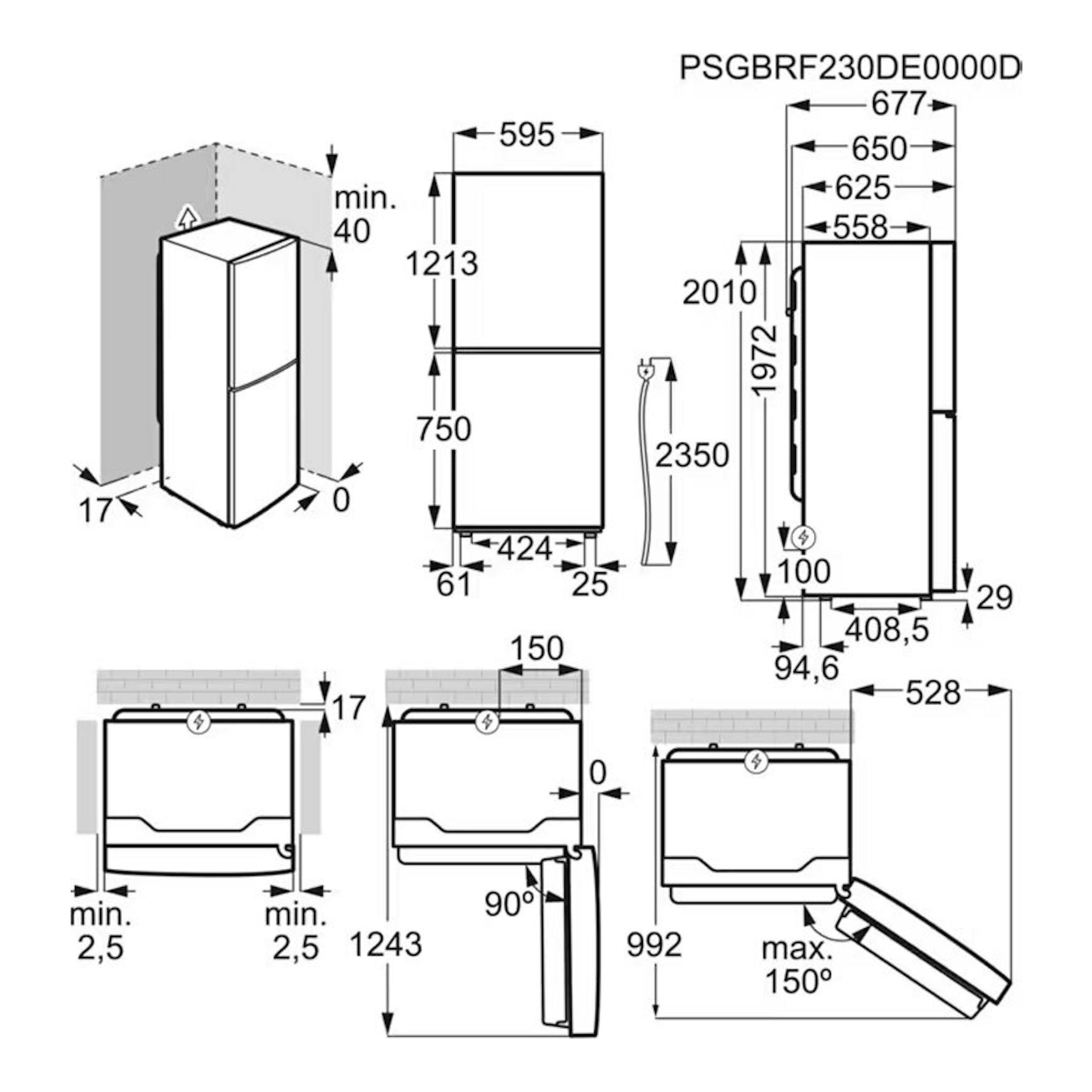 AEG ORC6N361ES: dibujo técnico de frigorífico combi en vista frontal y lateral, con medidas e instalación.