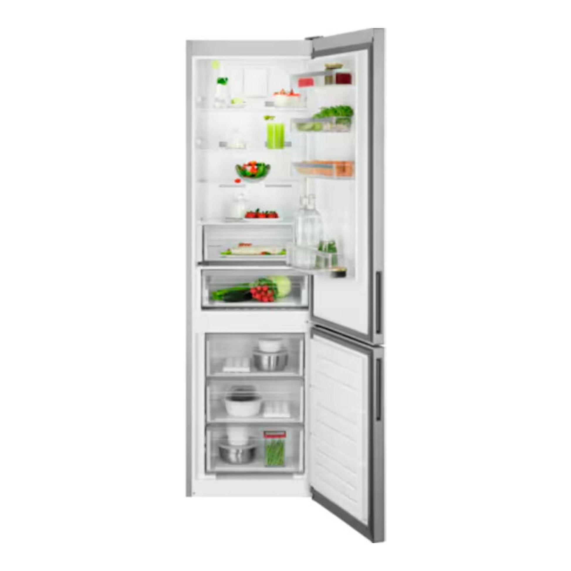 Frigorífico combi AEG ORC6N361ES inox, vista frontal con puertas abiertas y compartimentos visibles.