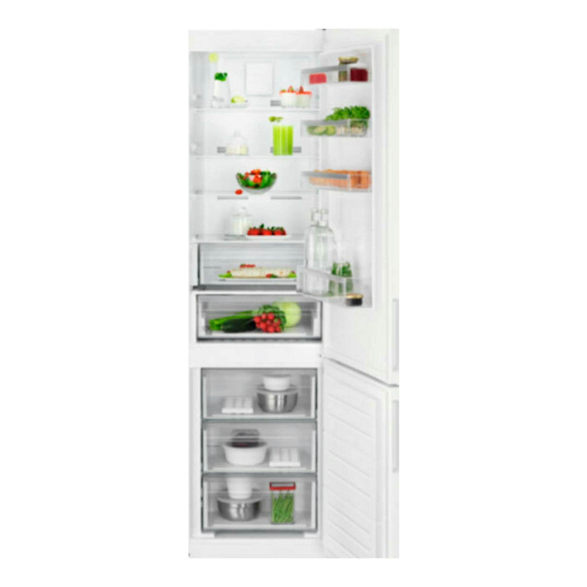 Frigorífico combi AEG ORC6N361EW blanco, vista frontal con puertas abiertas y cajones interiores visibles.