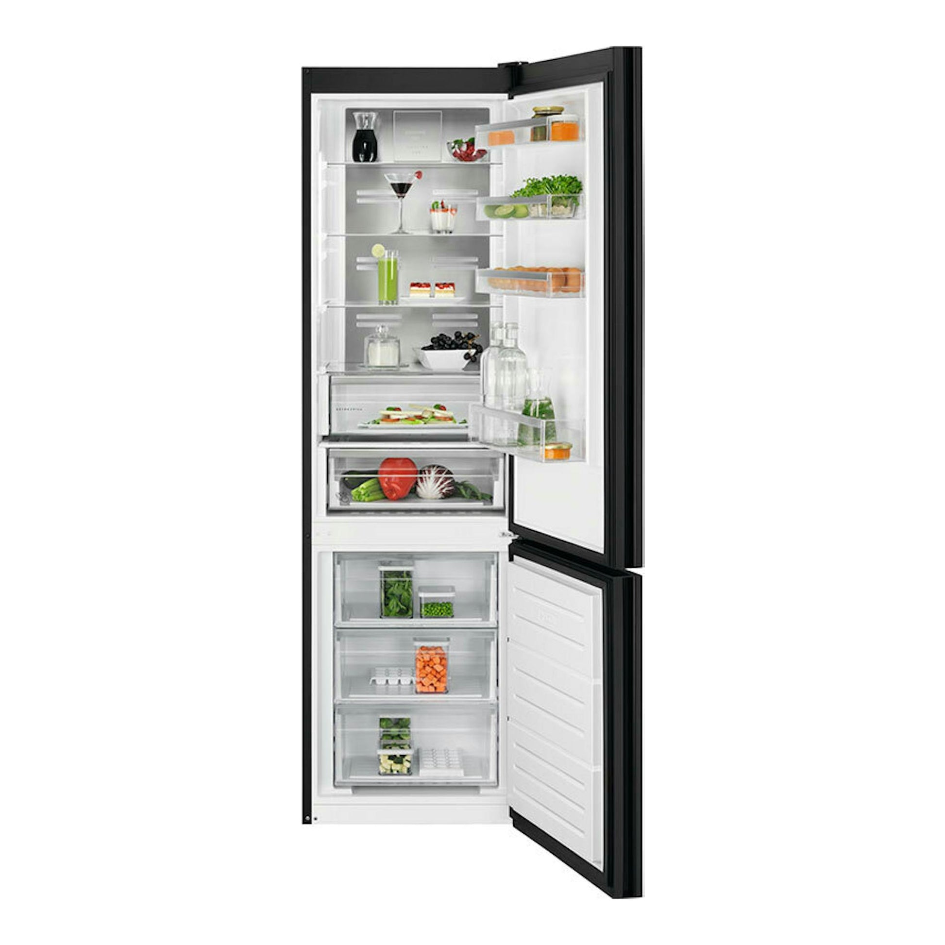 Frigorífico combi AEG ORC8M361DT en cristal negro mate, abierto, con interior visible.