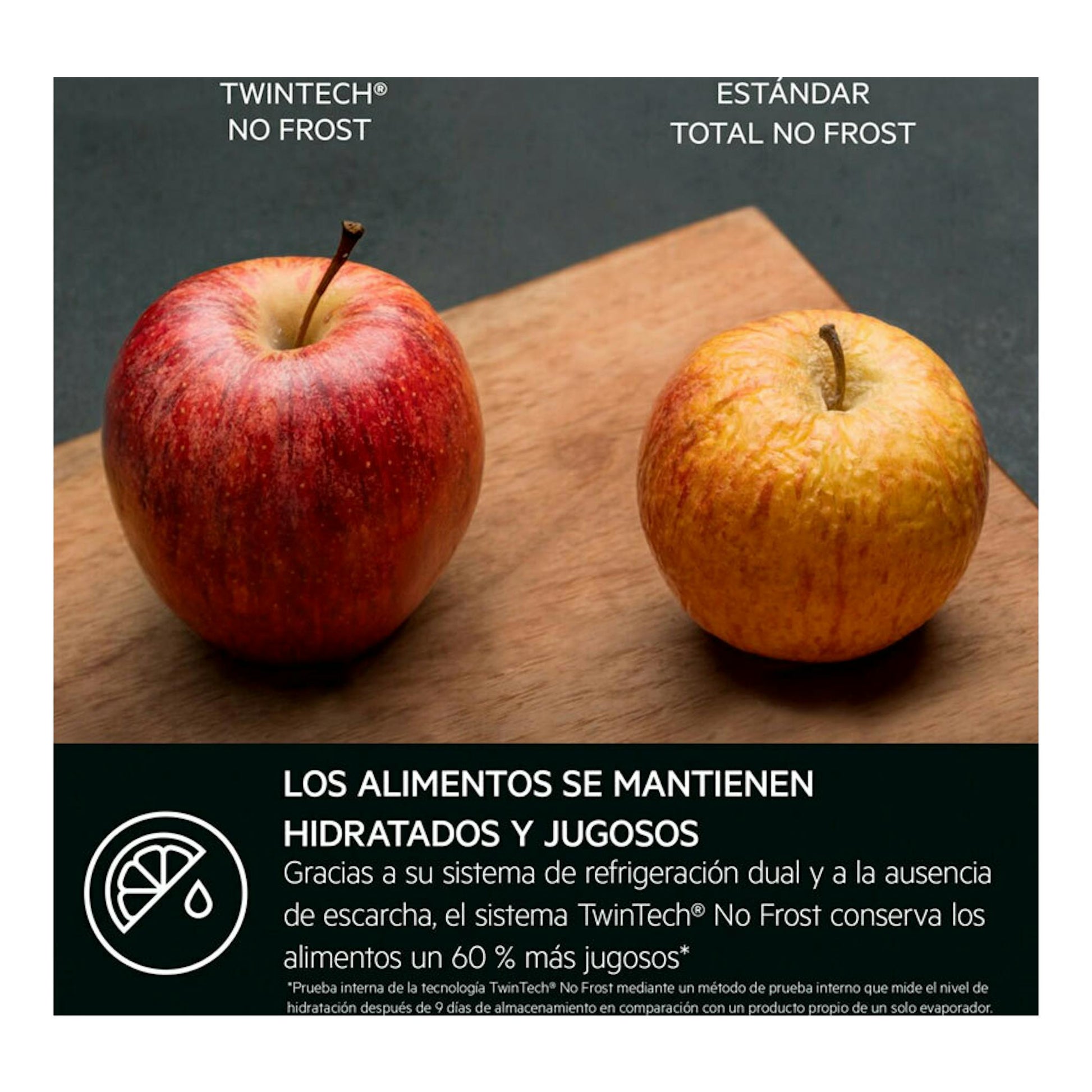 AEG ORC8M361DT: dos manzanas sobre una tabla, con texto sobre TwinTech No Frost.