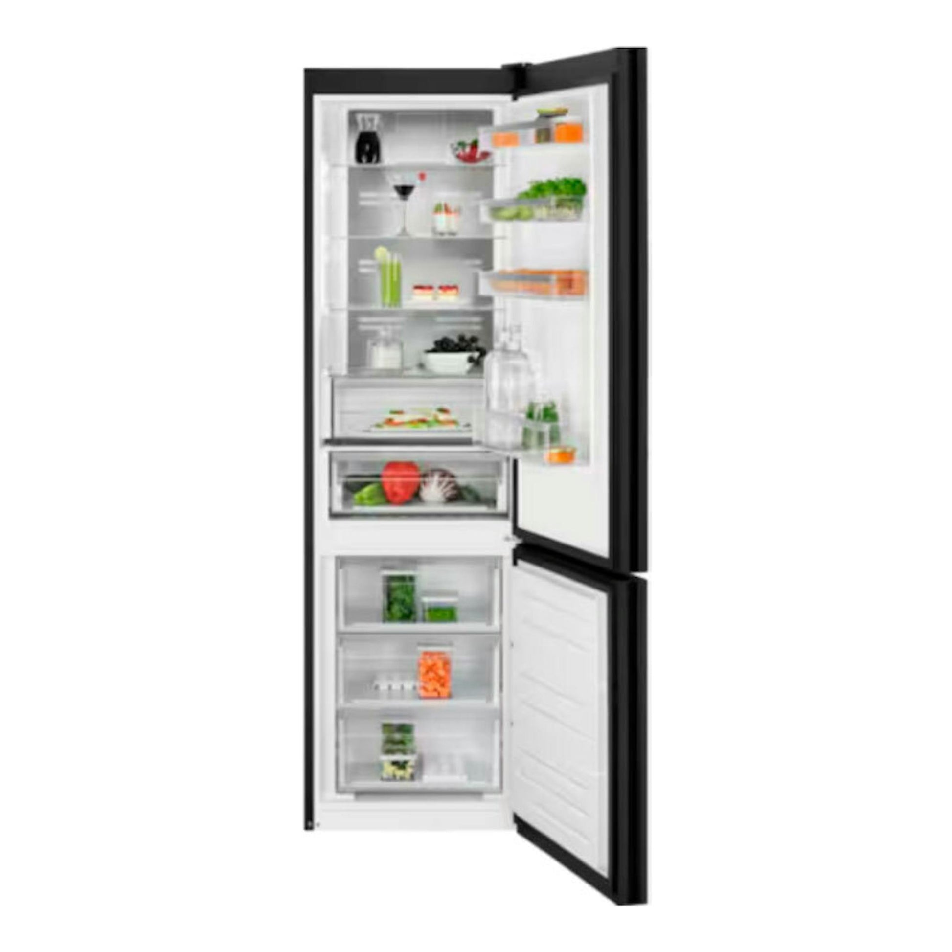 Frigorífico combi AEG ORC8M361EE negro, vista frontal con puertas abiertas y compartimentos visibles.
