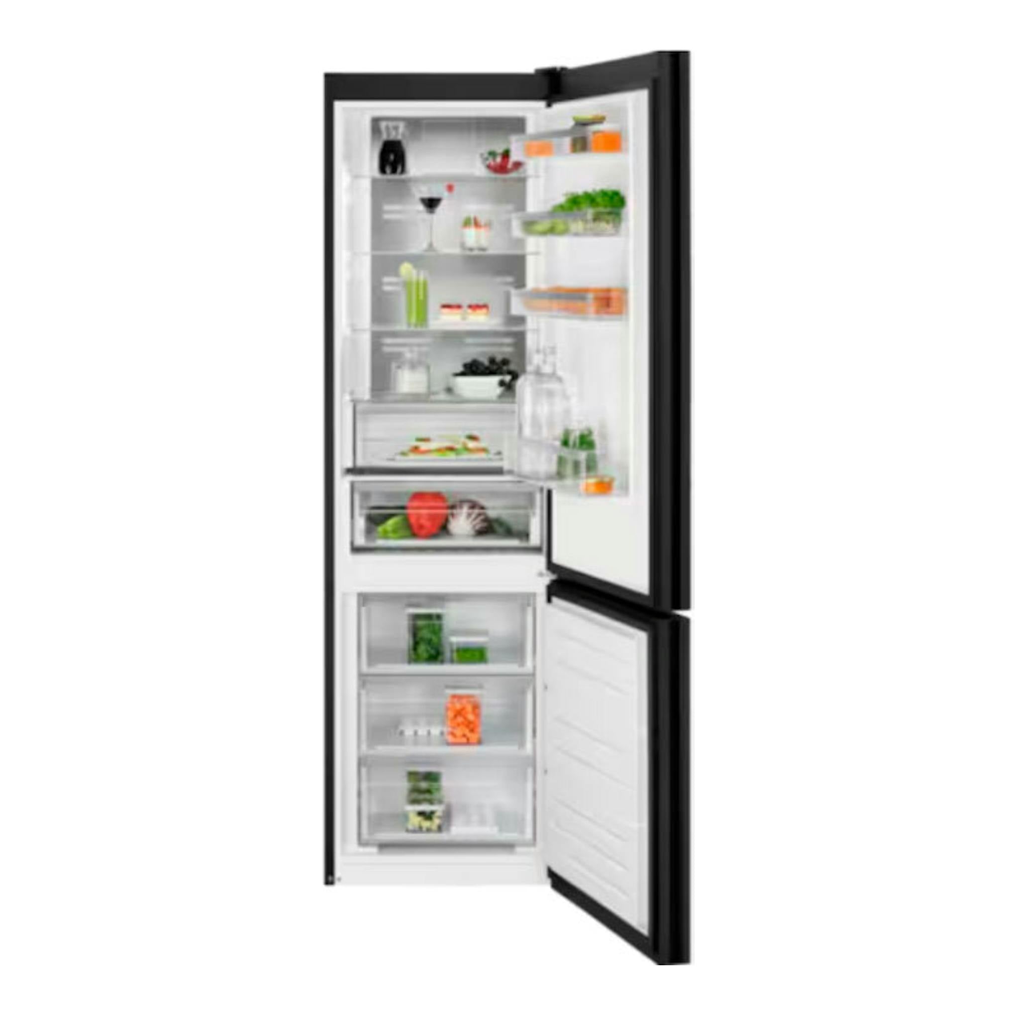 Frigorífico combi AEG ORC8M361EE negro, vista frontal con puertas abiertas y compartimentos visibles.