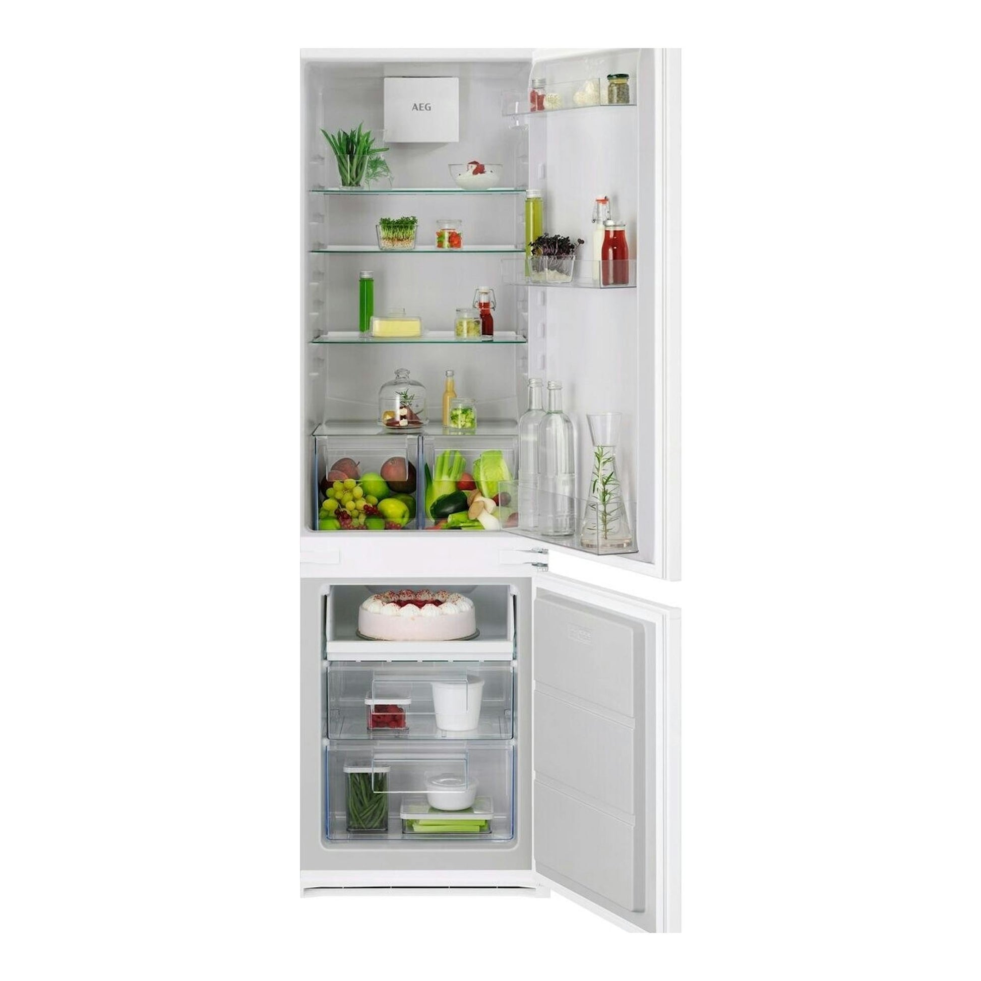 Frigorífico combi AEG blanco, integrable, vista frontal con puertas abiertas y compartimentos interiores visibles.