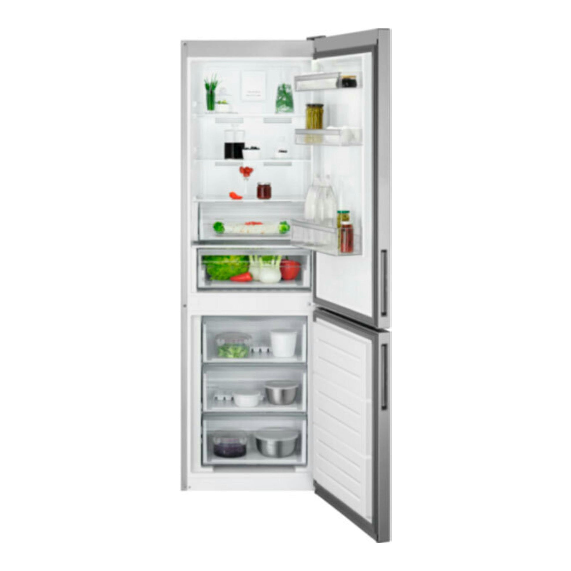 Frigorífico combi AEG RCB632E9MU inox, vista frontal con puertas abiertas y compartimentos interiores.