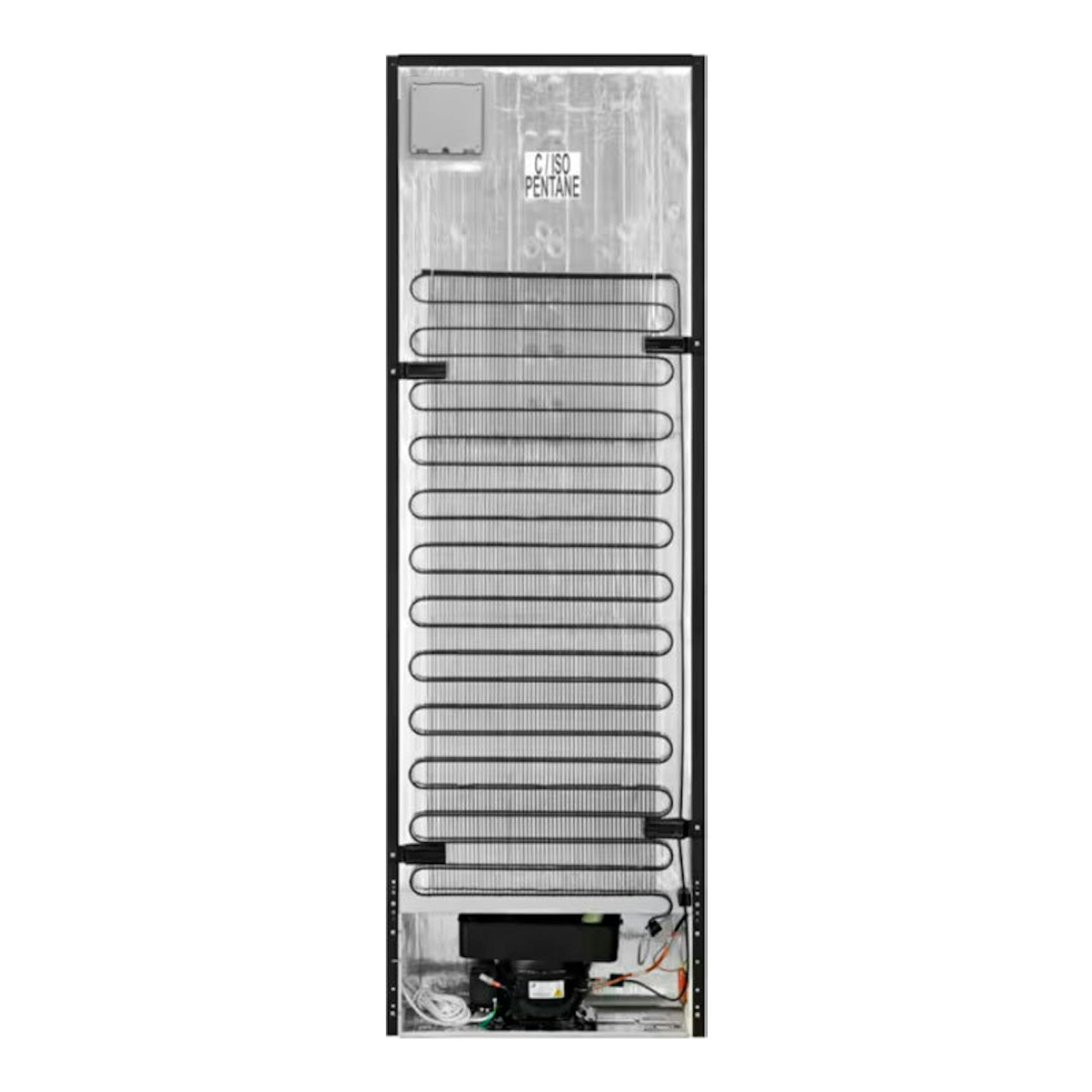 Vista trasera de frigorífico combi AEG RCB632E9MU inox, con serpentín negro y panel posterior metálico.