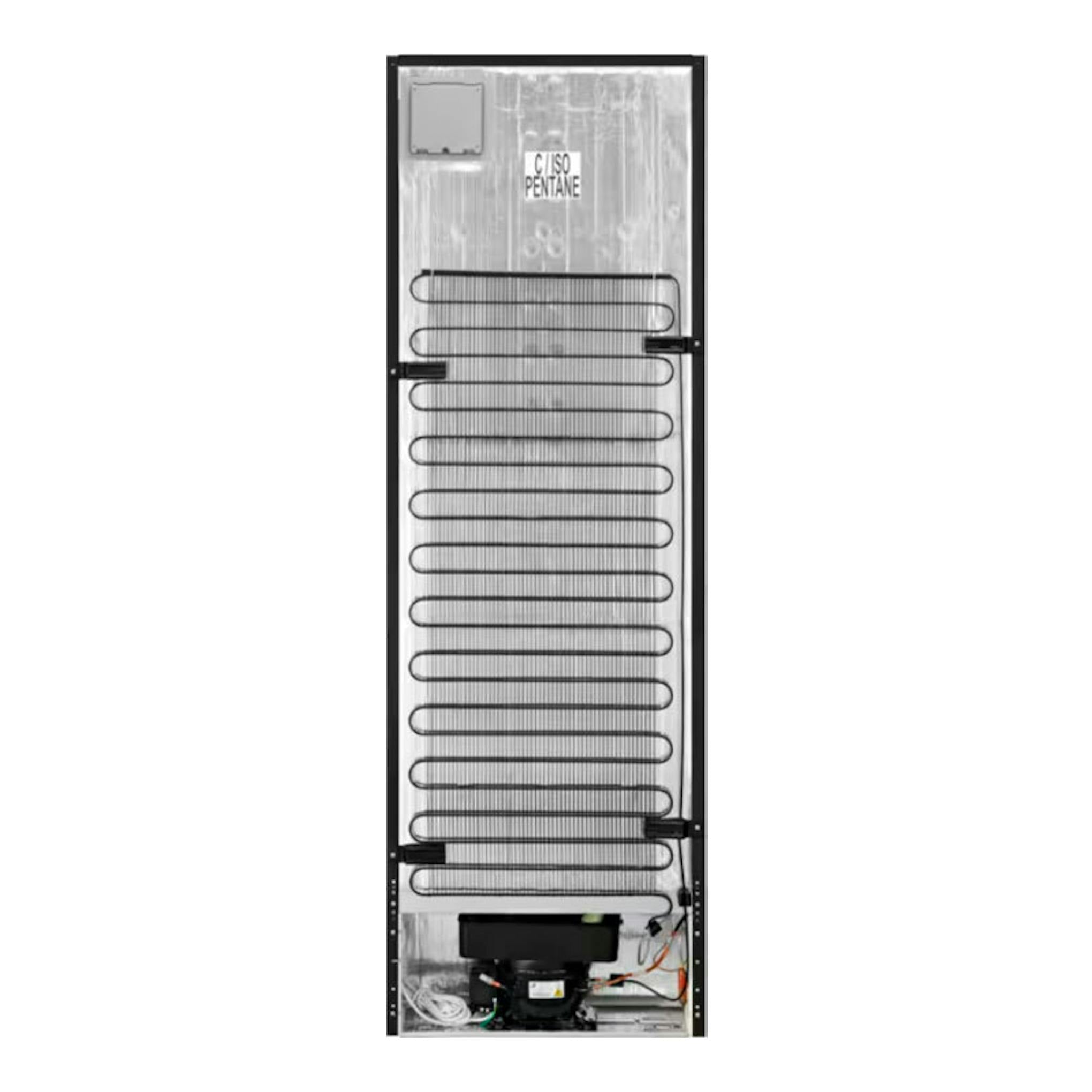 Vista trasera de frigorífico combi AEG RCB632E9MU inox, con serpentín negro y panel posterior metálico.