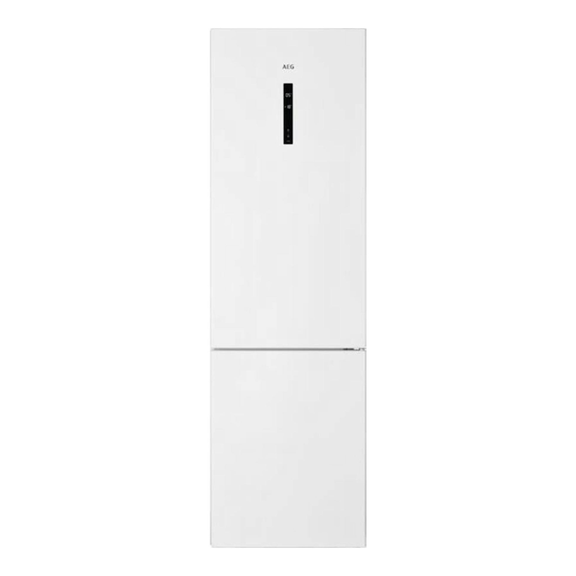 Frigorífico combi AEG RCB736D3MW blanco, vista frontal, con display vertical en la puerta.