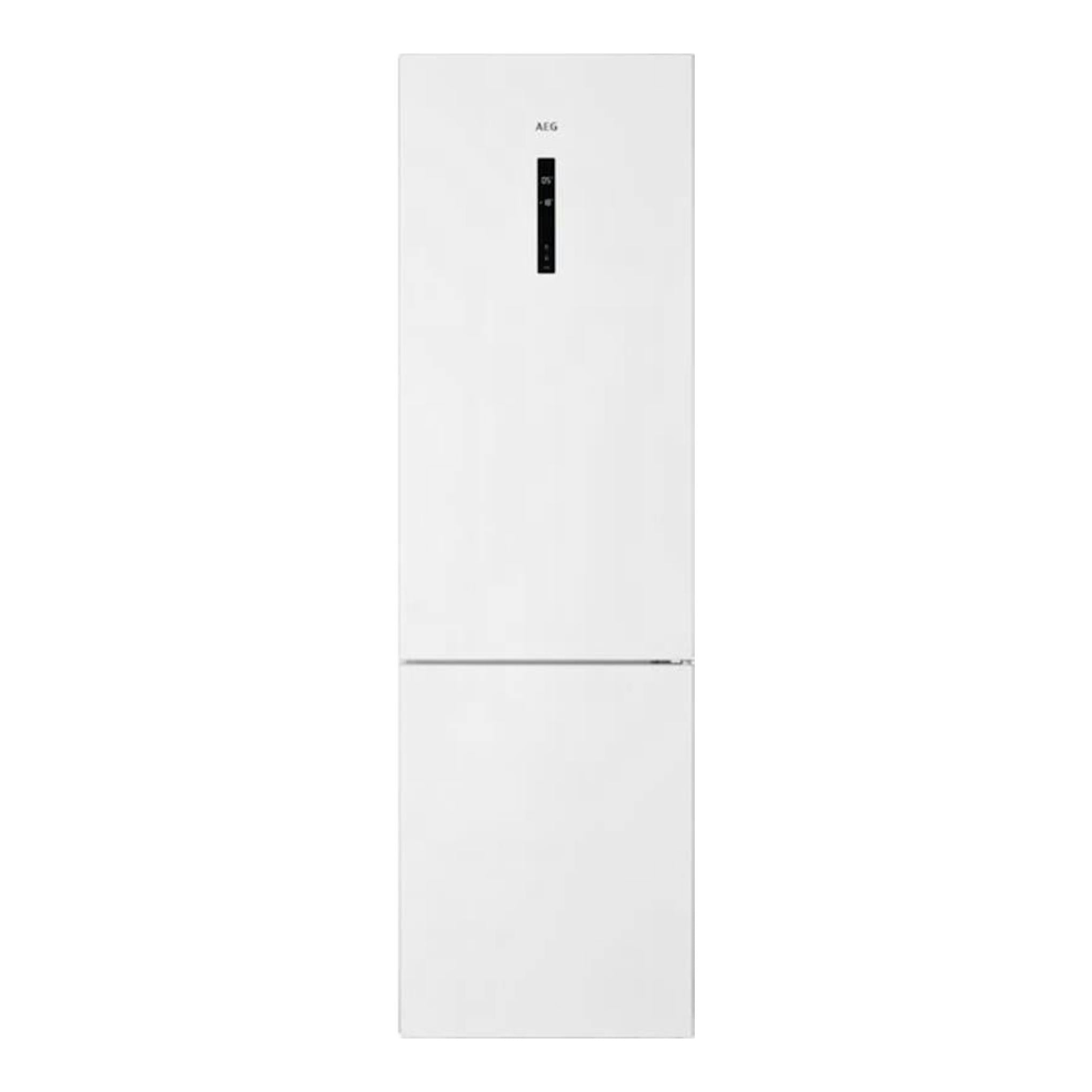 Frigorífico combi AEG RCB736D3MW blanco, vista frontal, con display vertical en la puerta.
