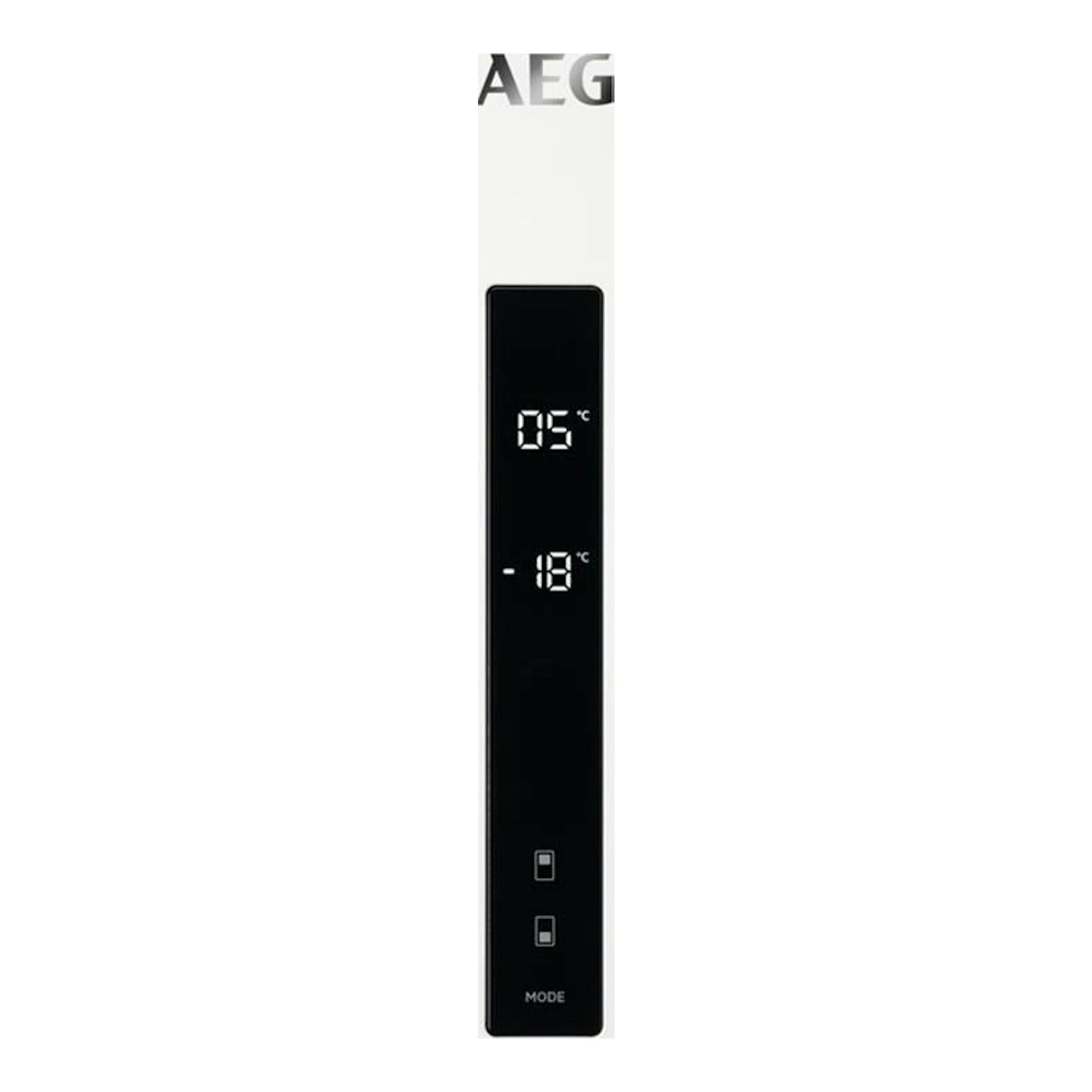 Frigorífico combi AEG RCB736D3MW blanco, vista frontal, con panel negro vertical y display de 5 °C y -18 °C.