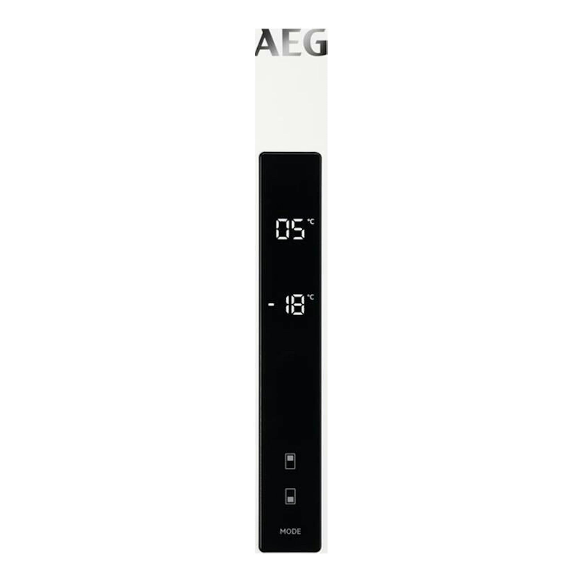 Frigorífico combi AEG RCB736D3MW blanco, vista frontal, con panel negro vertical y display de 5 °C y -18 °C.