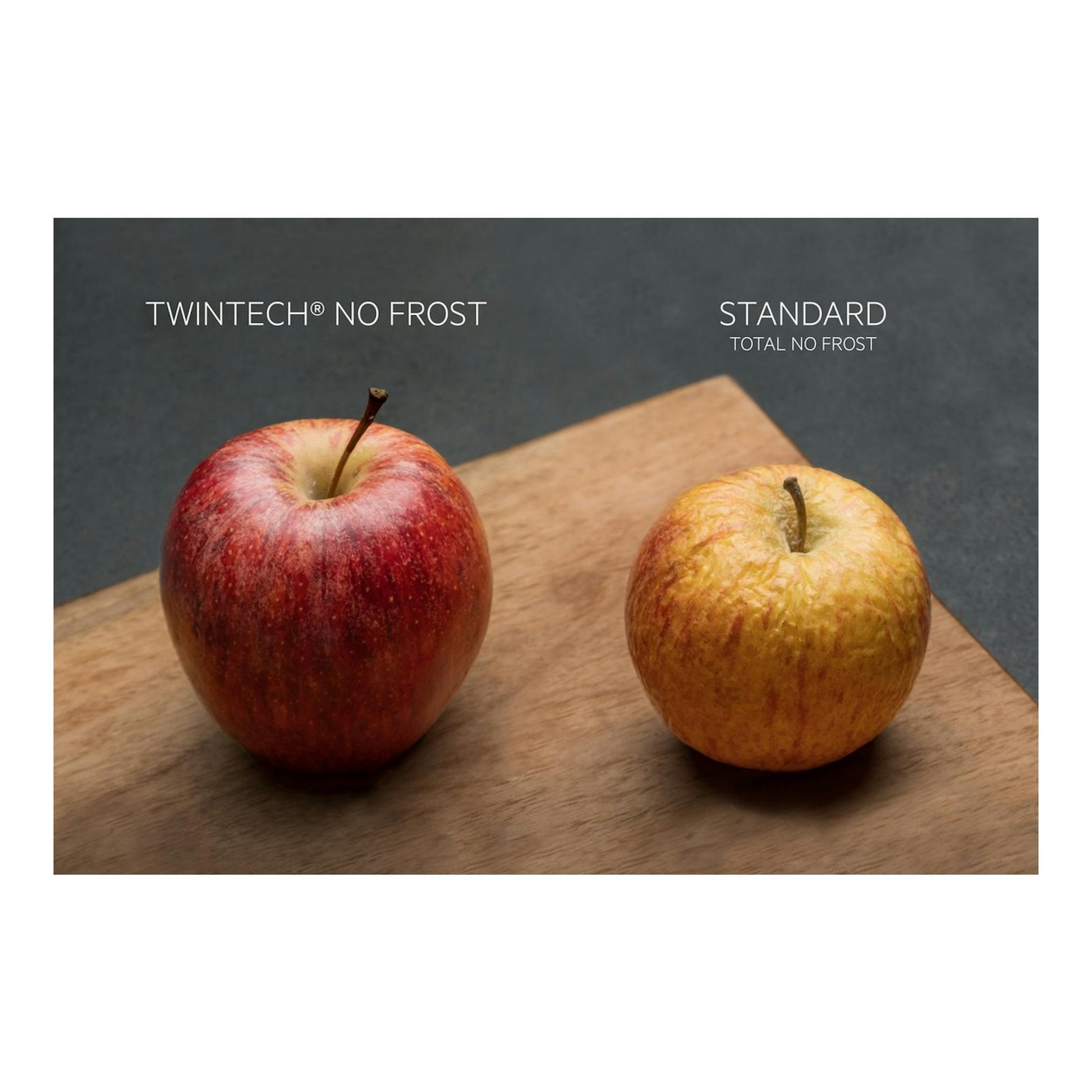 AEG TC3NS181ES: gráfico comparativo de dos manzanas sobre tabla, con textos TwinTech No Frost y Total No Frost.