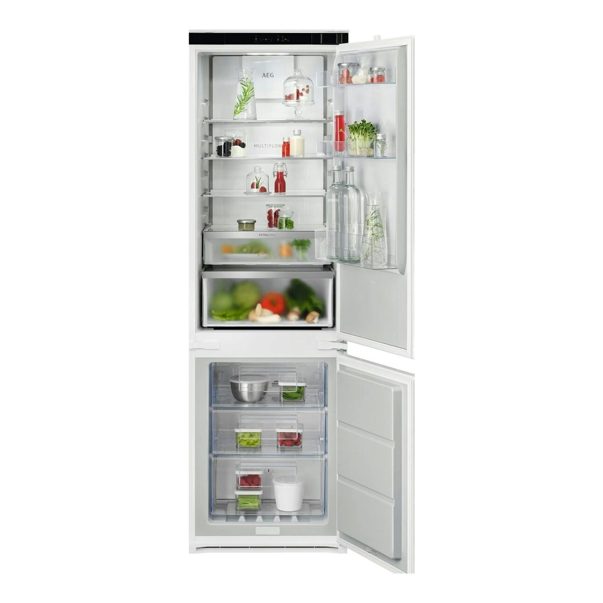 Frigorífico combi AEG TC7CS181DS integrable, blanco, con puertas abiertas y compartimentos visibles.