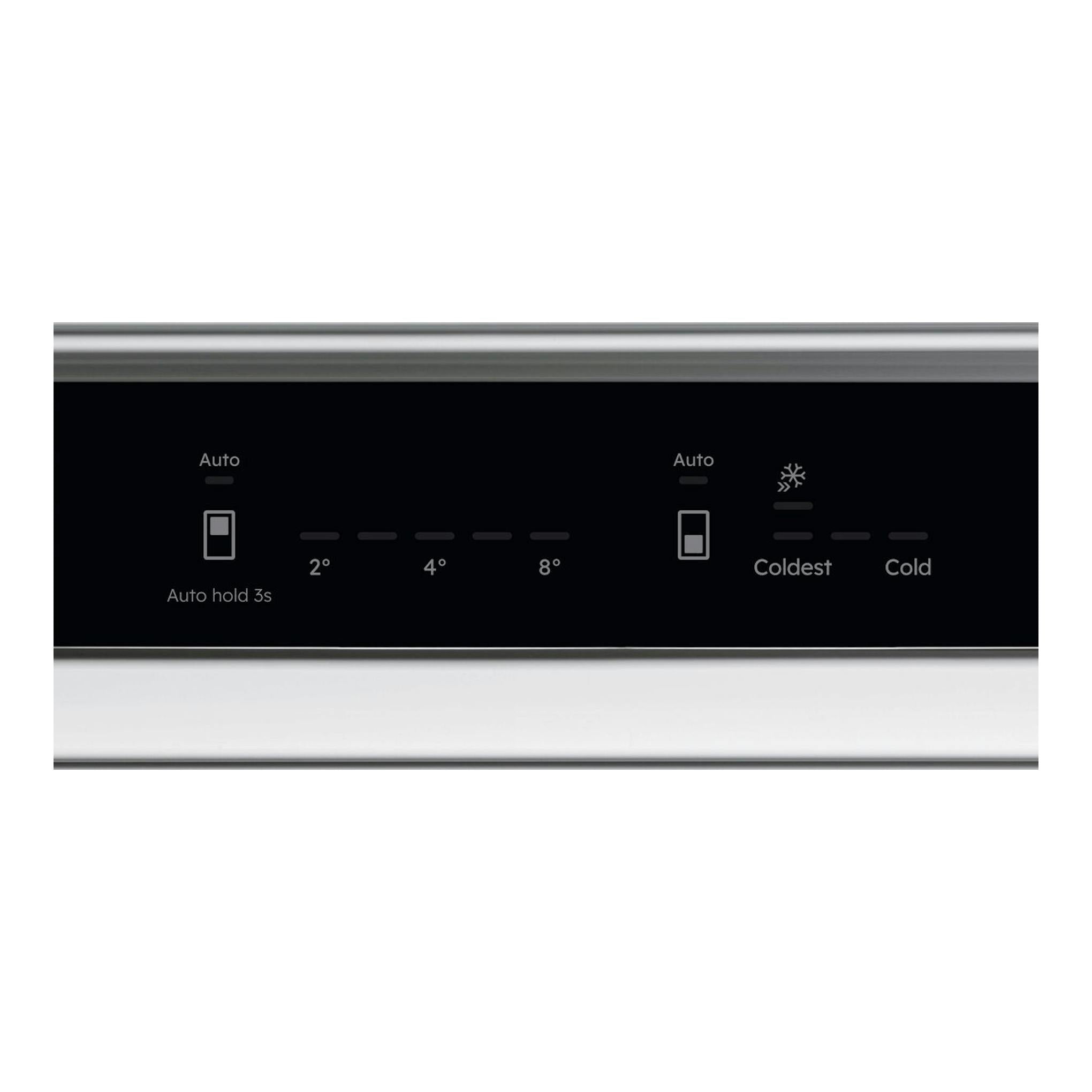 AEG TC7CS181DS, panel frontal negro de frigorífico integrable con controles de temperatura y modo auto.