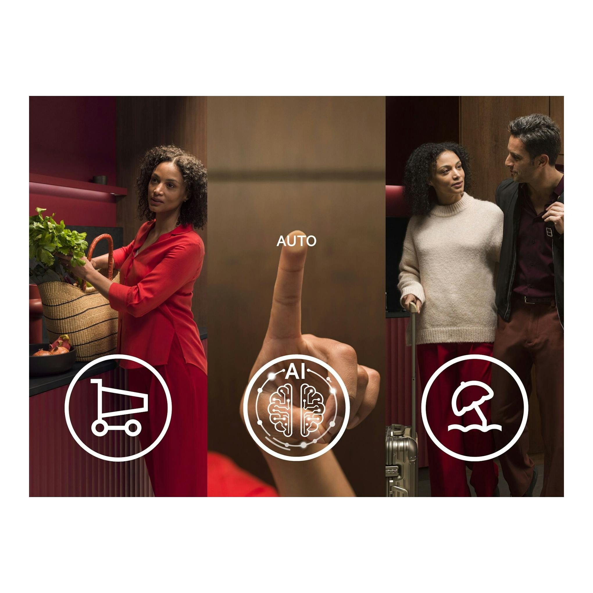 Imagen promocional en tres paneles: mujer en cocina, dedo sobre icono AI y pareja junto a una cocina.