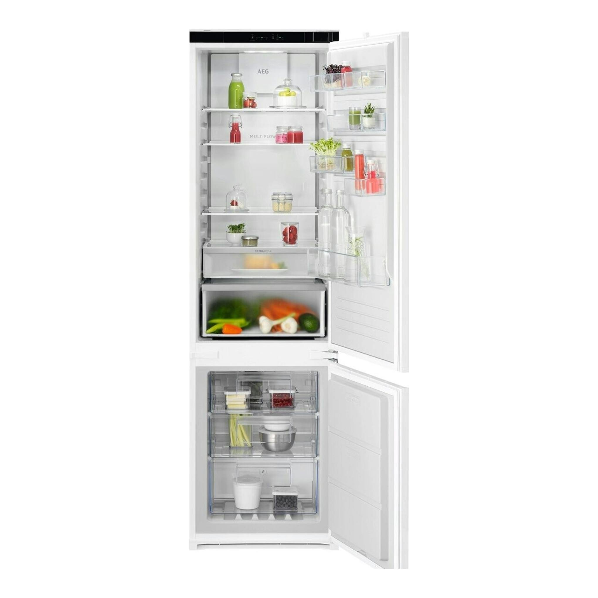 Frigorífico combi integrado AEG TCTCS191ES, blanco, vista frontal con puertas abiertas.