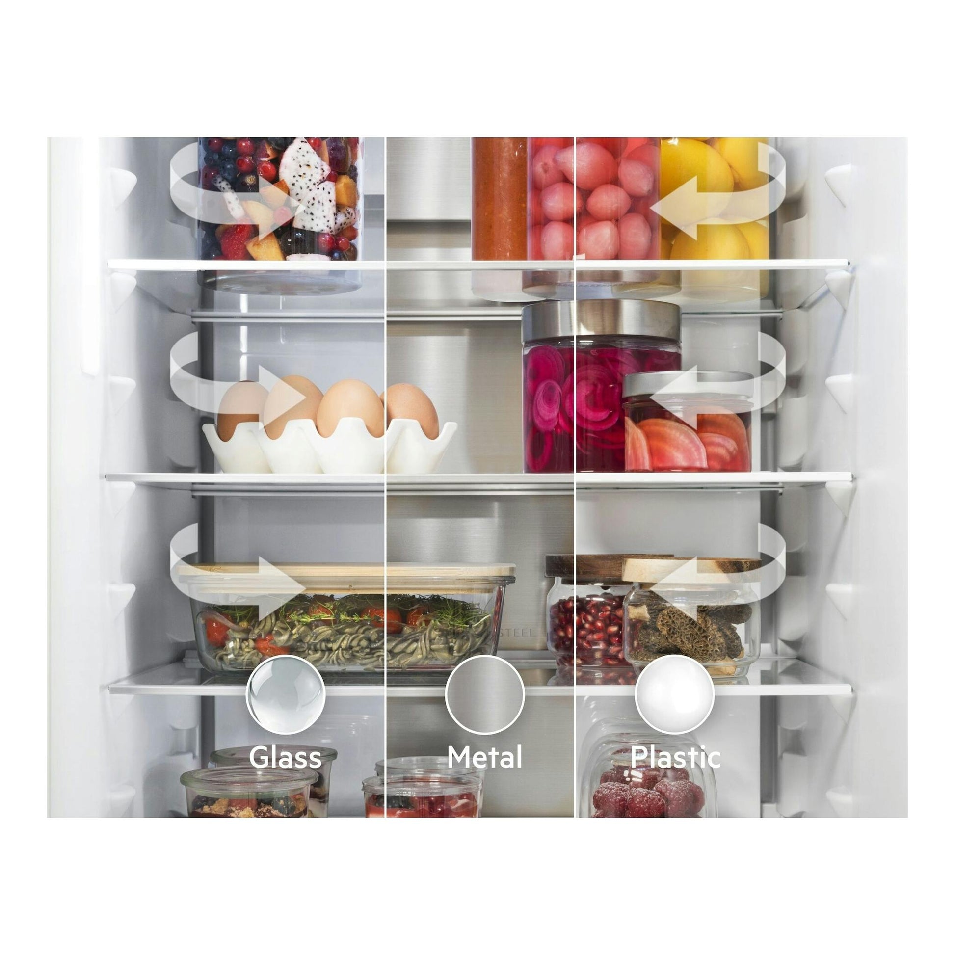 Frigorífico combi AEG TCTCS191ES, vista frontal del interior con estantes, huevos, tarros y recipientes.
