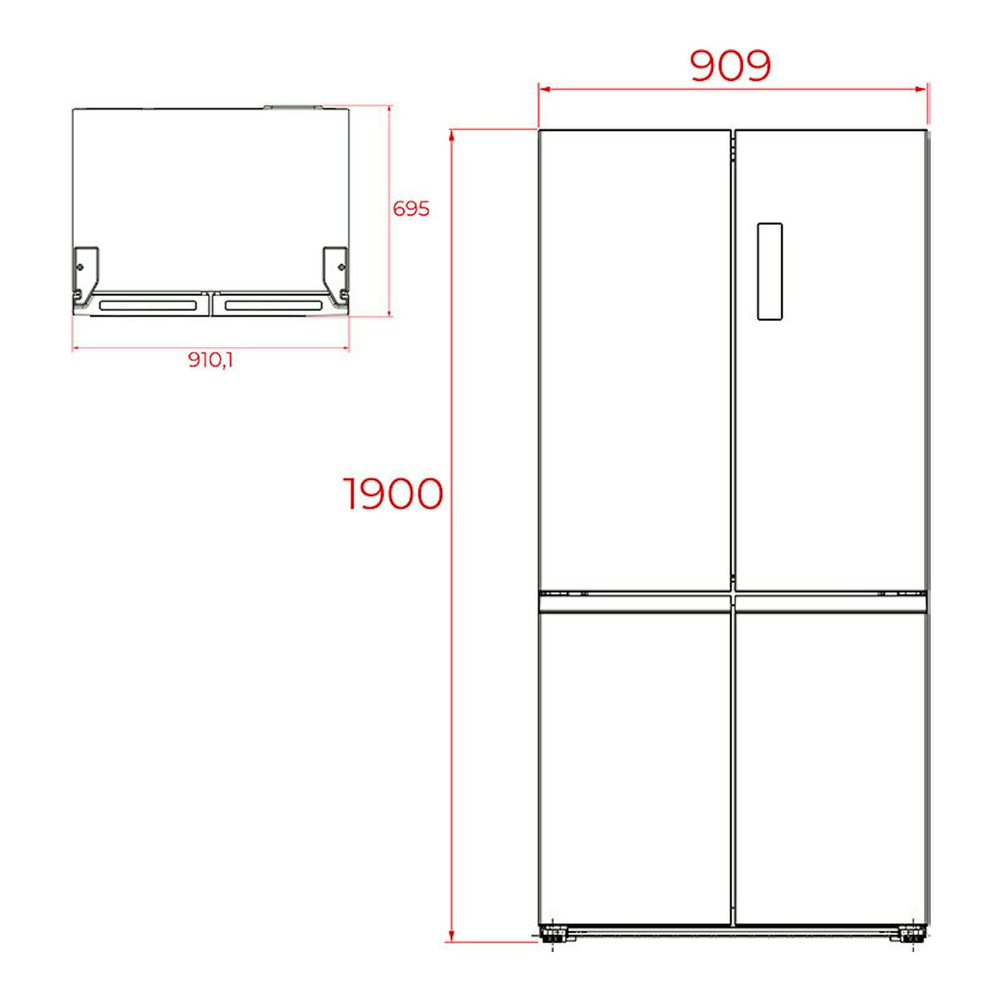 Frigorífico combi Teka RMF77960INOX inox, vista frontal técnica con medidas y detalle superior.