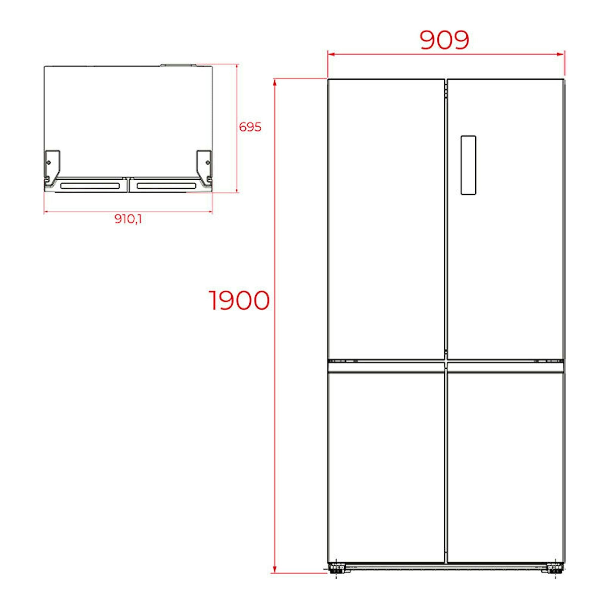 Frigorífico combi Teka RMF77960INOX inox, vista frontal técnica con medidas y detalle superior.