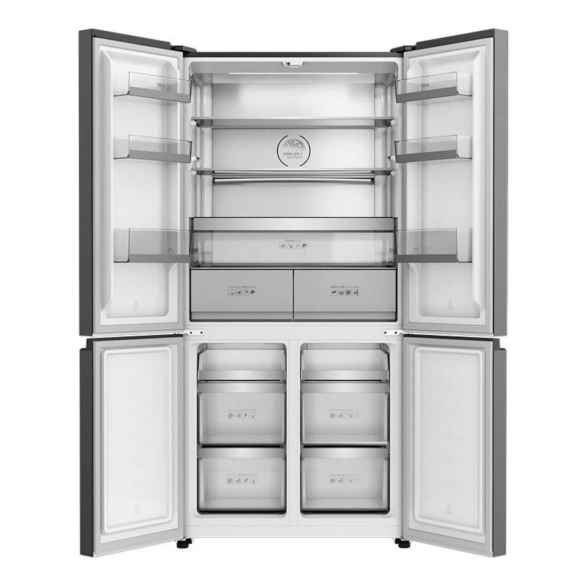 Frigorífico combi americano Teka RMF77960INOX en inox, vista frontal con puertas abiertas.