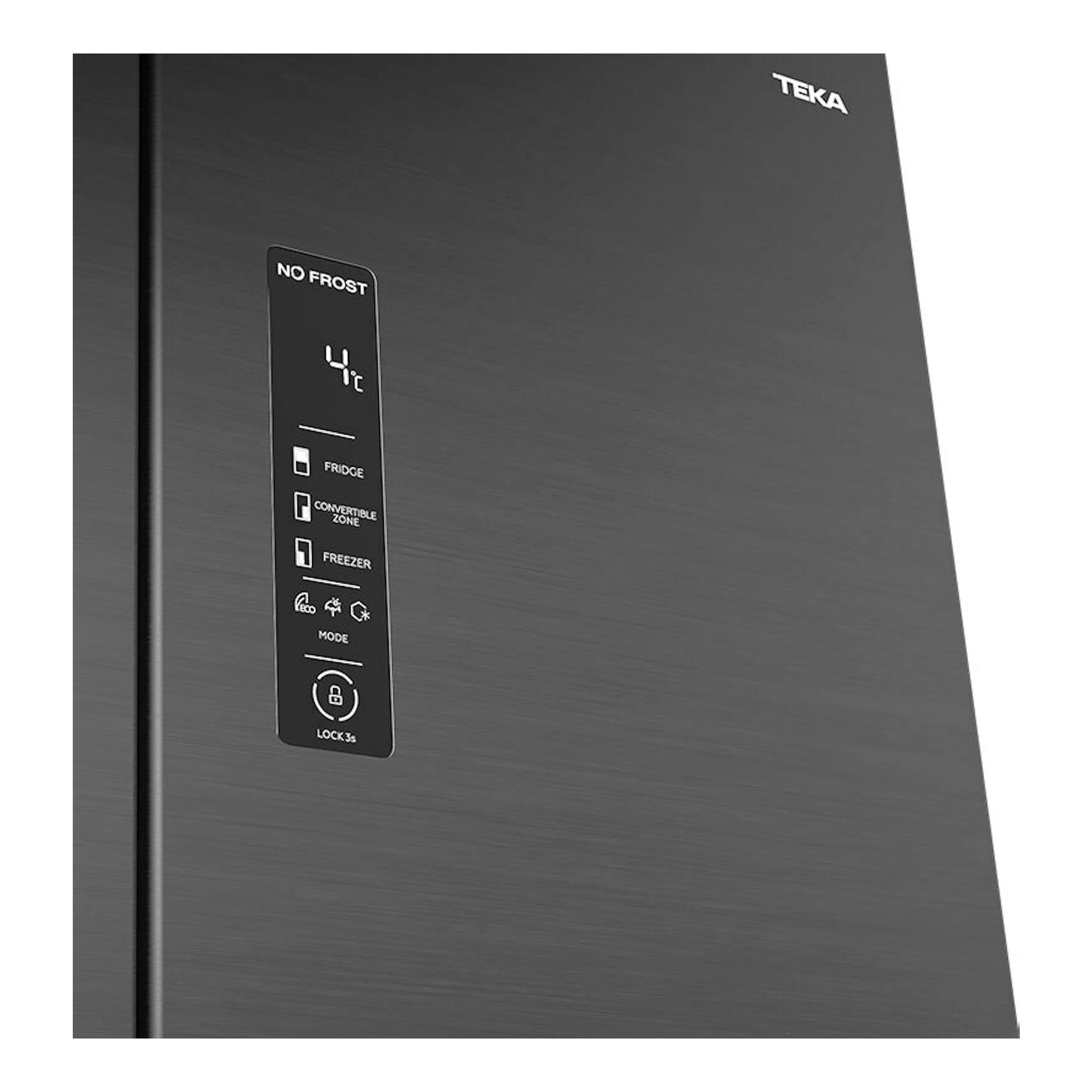 Frigorífico combi Teka RMF77960INOX, vista frontal parcial en inox oscuro con panel táctil lateral.