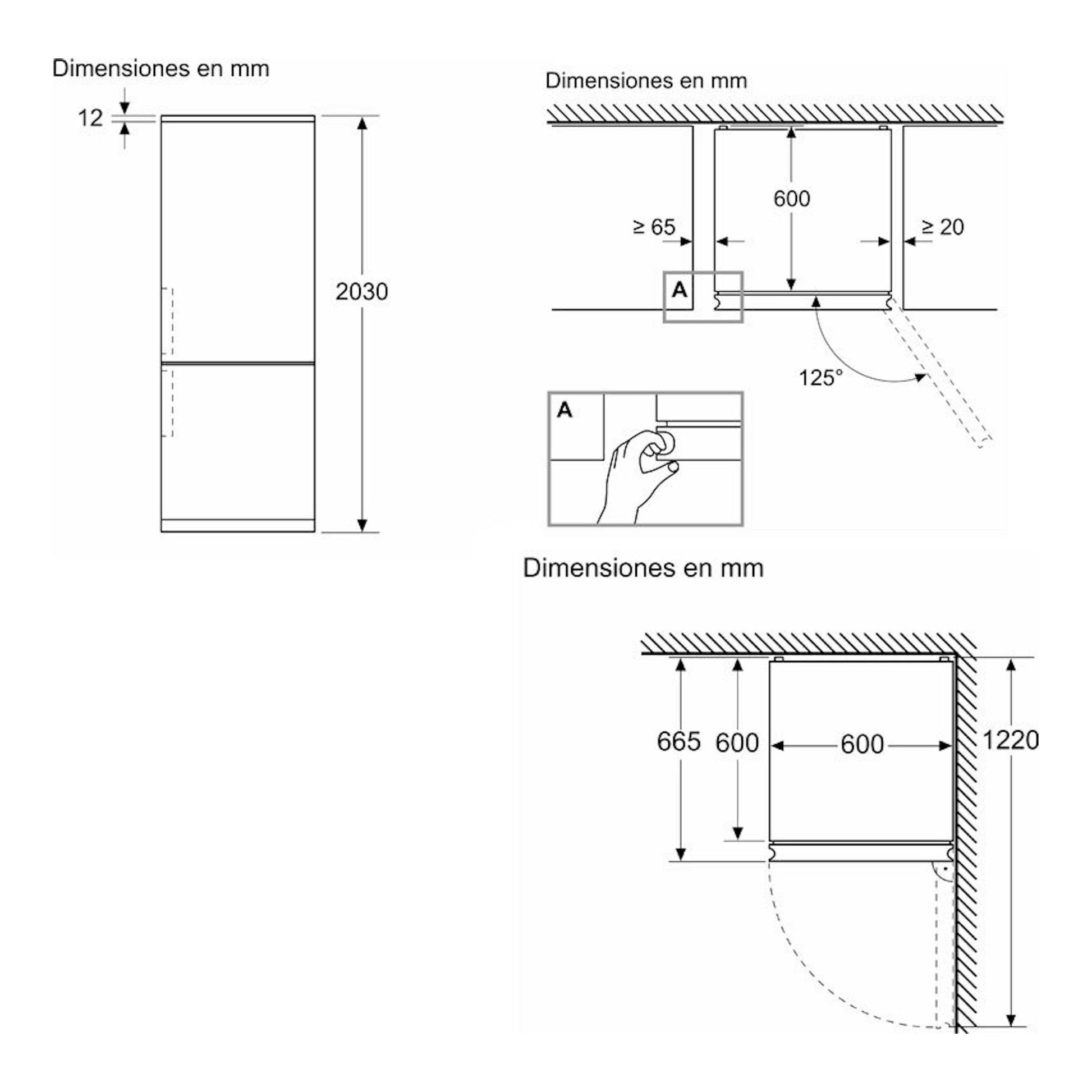 Plano de dimensiones de un frigorífico combi Balay 3KFA865XI en inox, con vistas frontal y lateral.