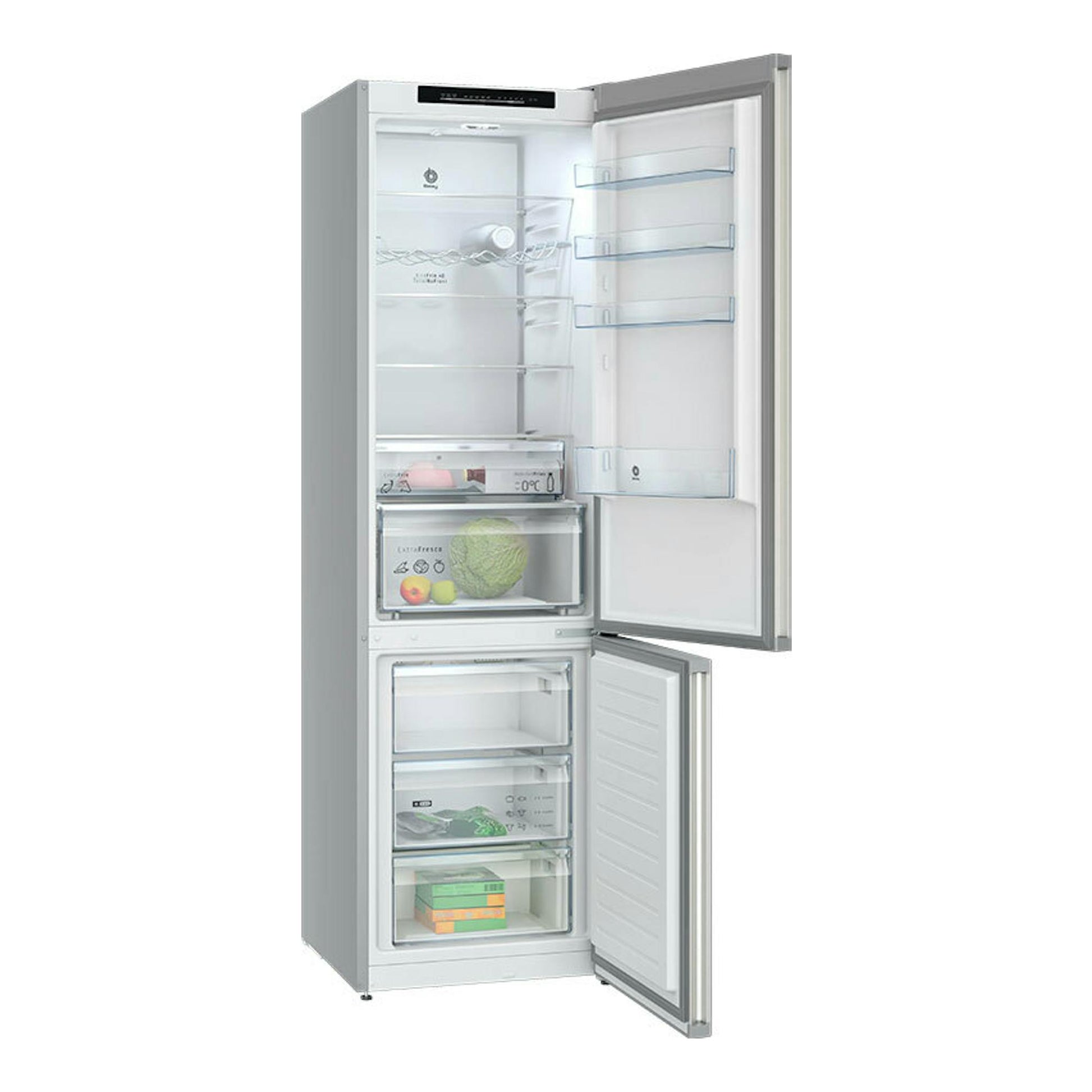 Frigorífico combi Balay 3KFA865XI inox, vista frontal, con puertas abiertas y compartimentos interiores visibles.