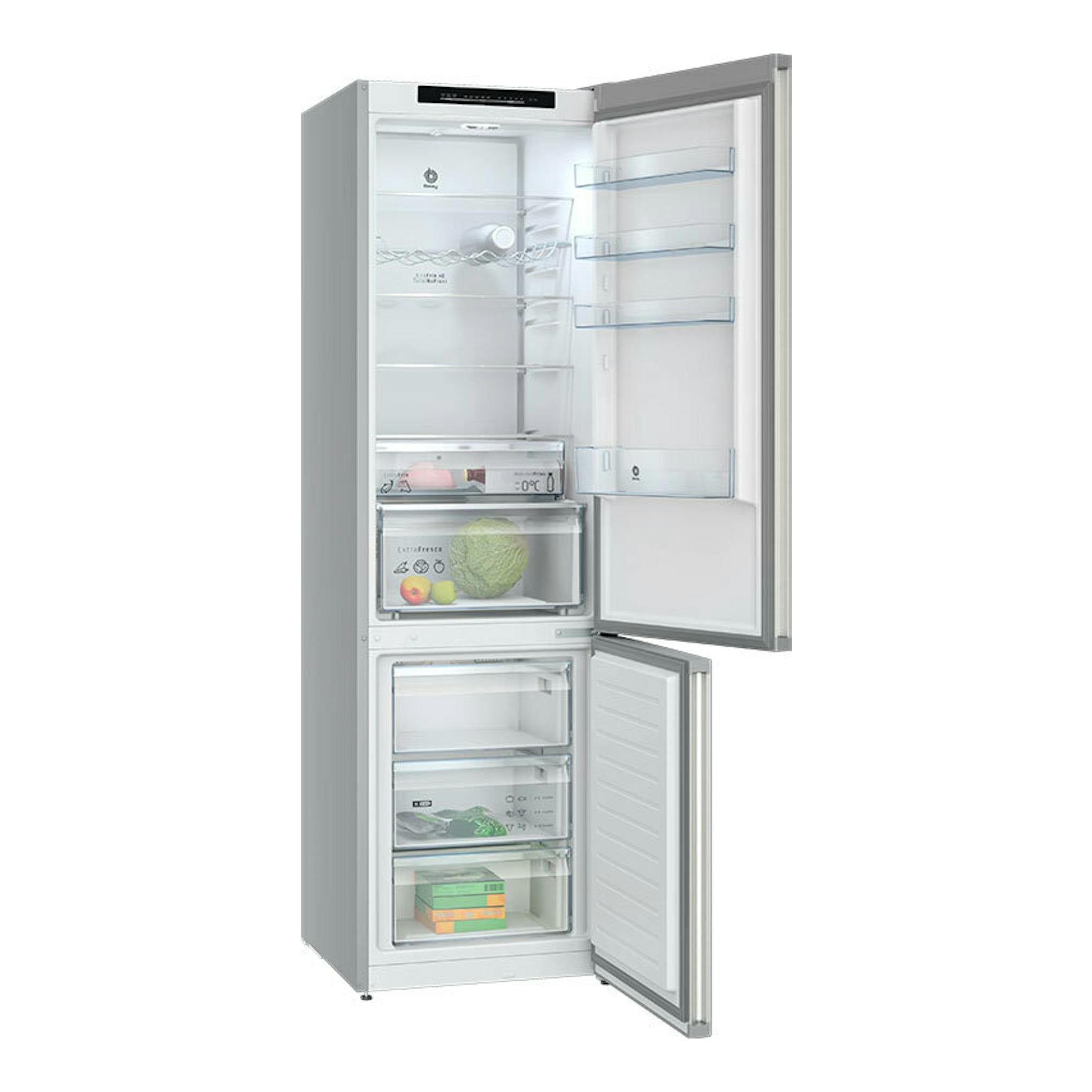Frigorífico combi Balay 3KFA865XI inox, vista frontal, con puertas abiertas y compartimentos interiores visibles.