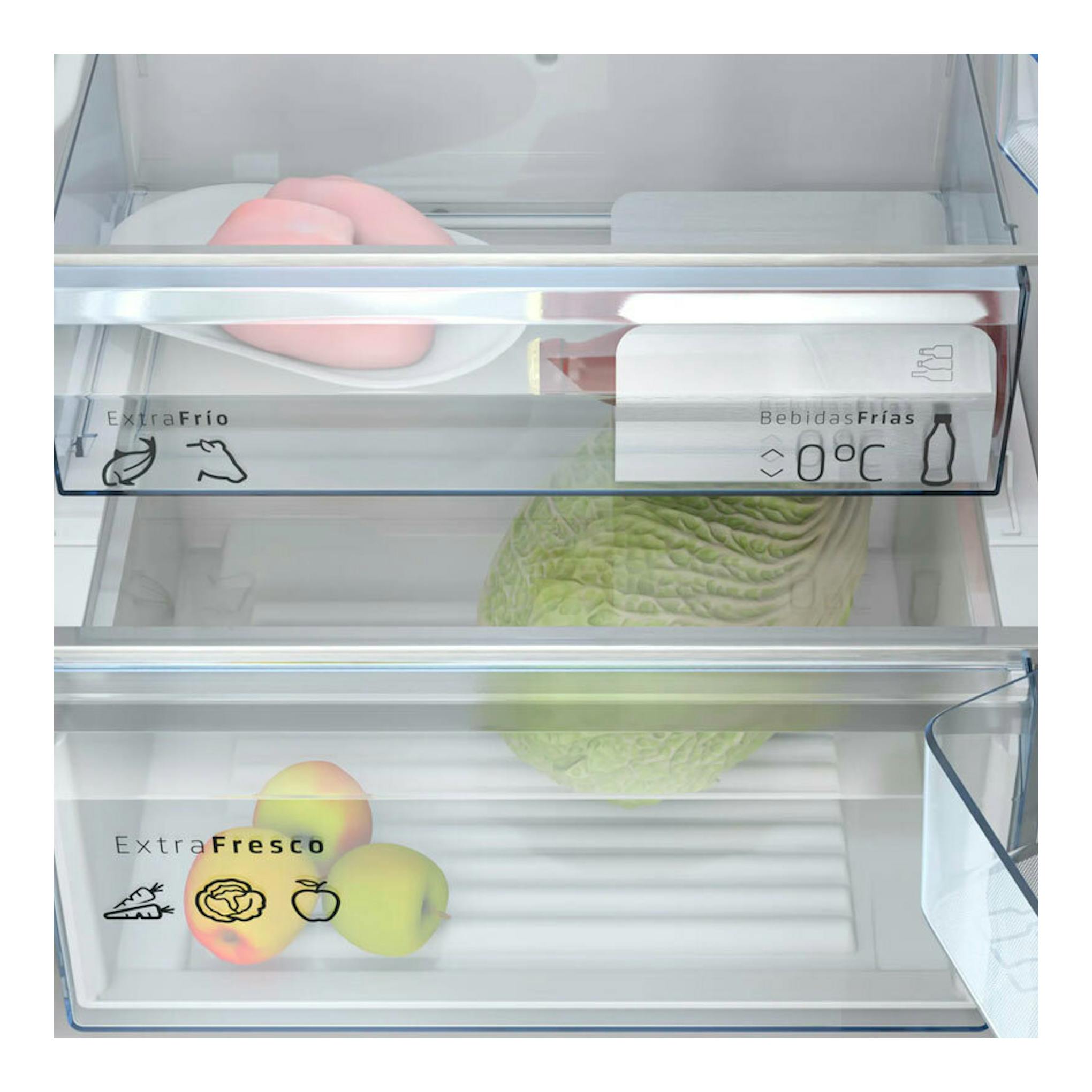 Interior de frigorífico Balay 3KFA865XI inox, con cajones transparentes y alimentos, vista frontal.