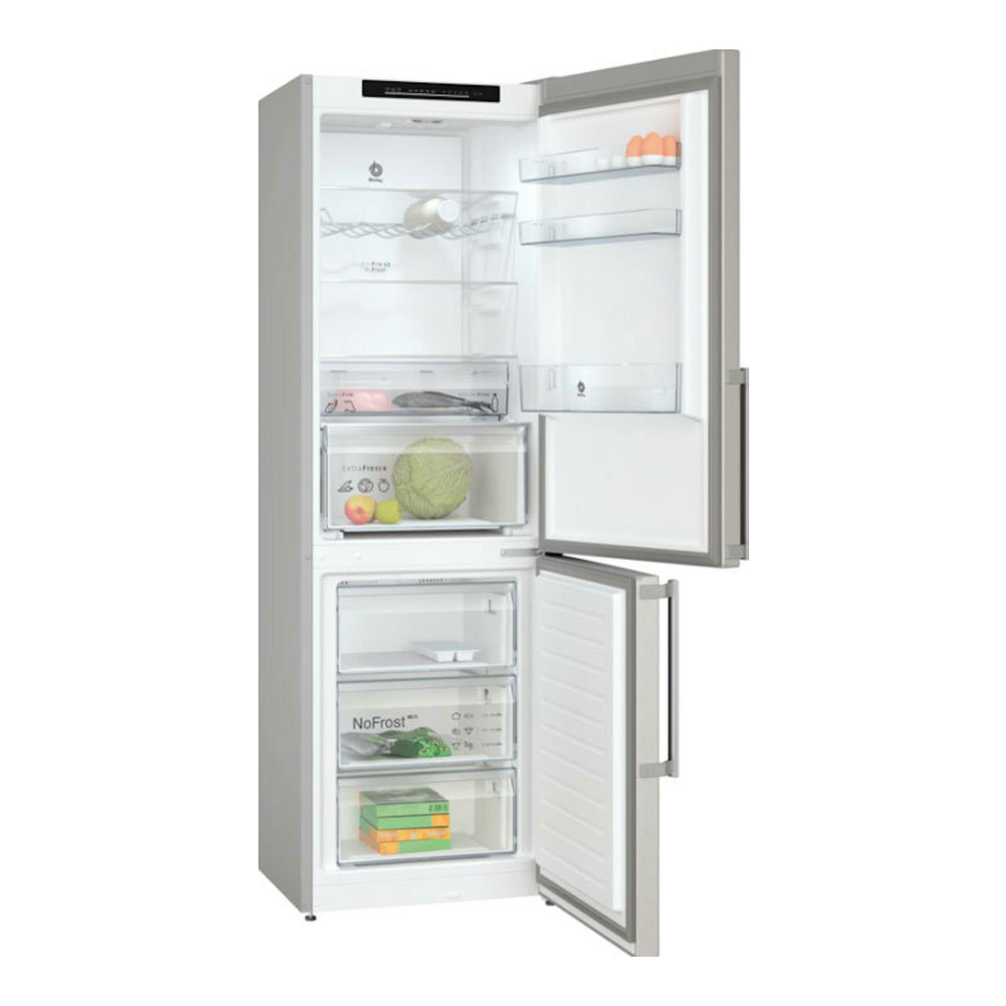 Frigorífico combi Balay 3KFB664XE inox, vista frontal con puertas abiertas y compartimentos interiores visibles.
