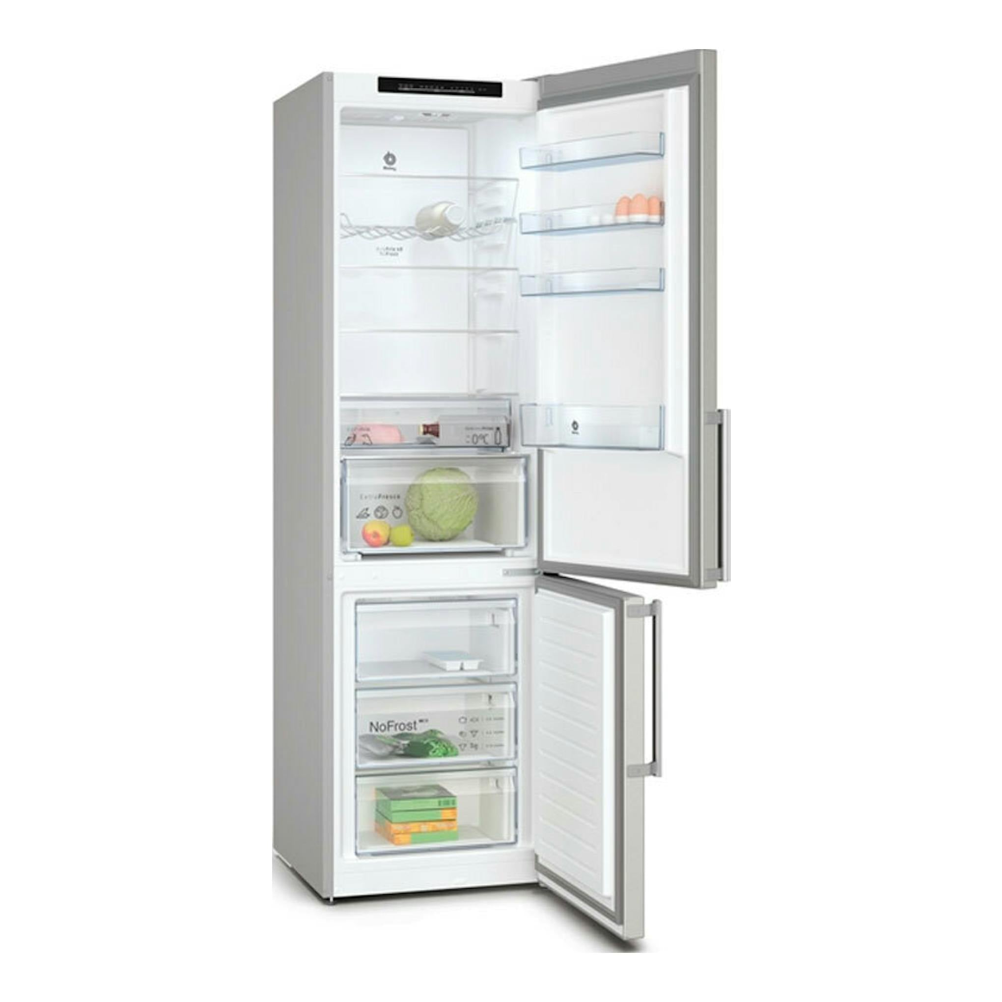 Frigorífico combi Balay 3KFB864XE inox, vista frontal con puertas abiertas y cajones interiores visibles.