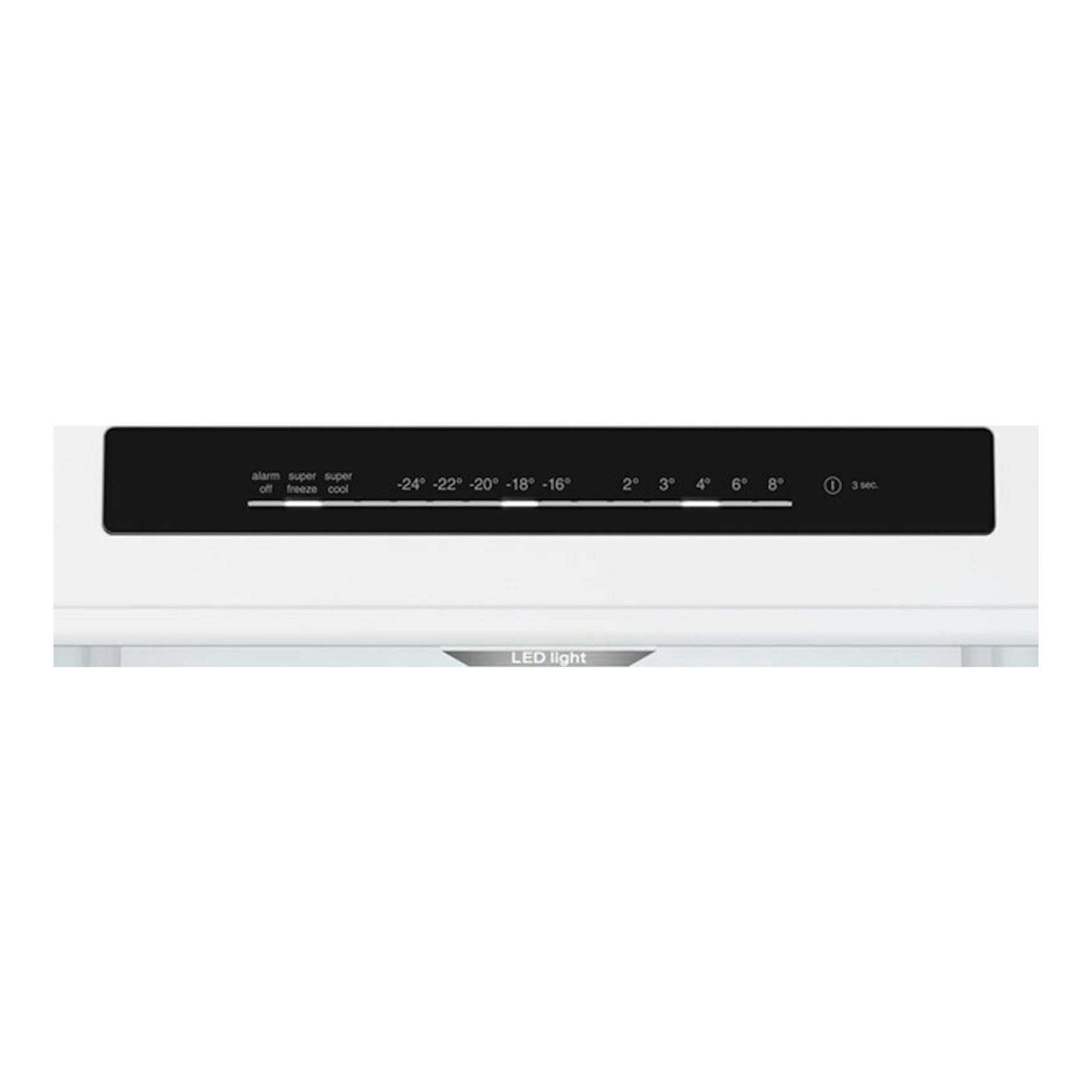 Frigorífico combi Balay 3KFB864XE inox, vista frontal parcial con panel negro de control y luz LED.