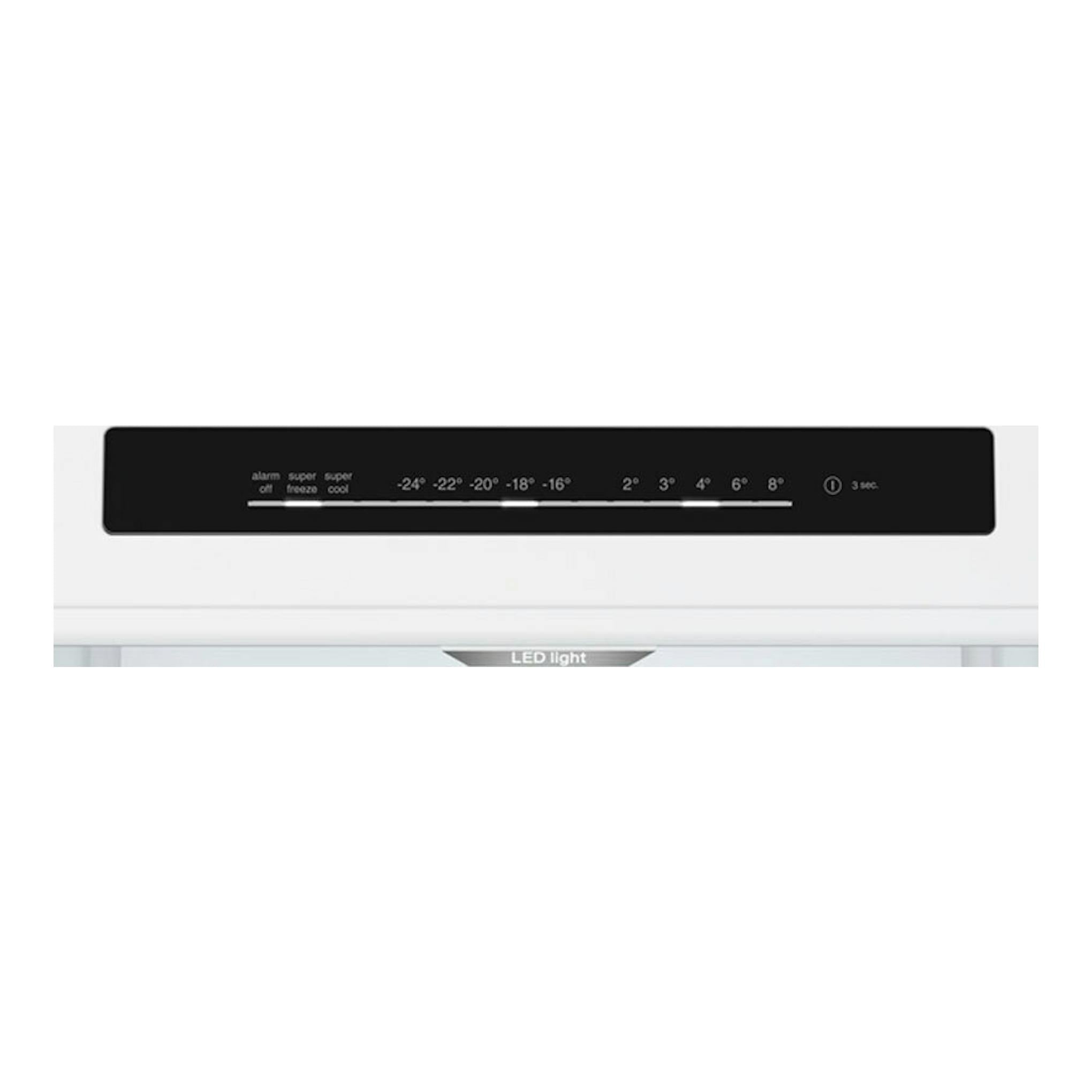 Frigorífico combi Balay 3KFB864XE inox, vista frontal parcial con panel negro de control y luz LED.