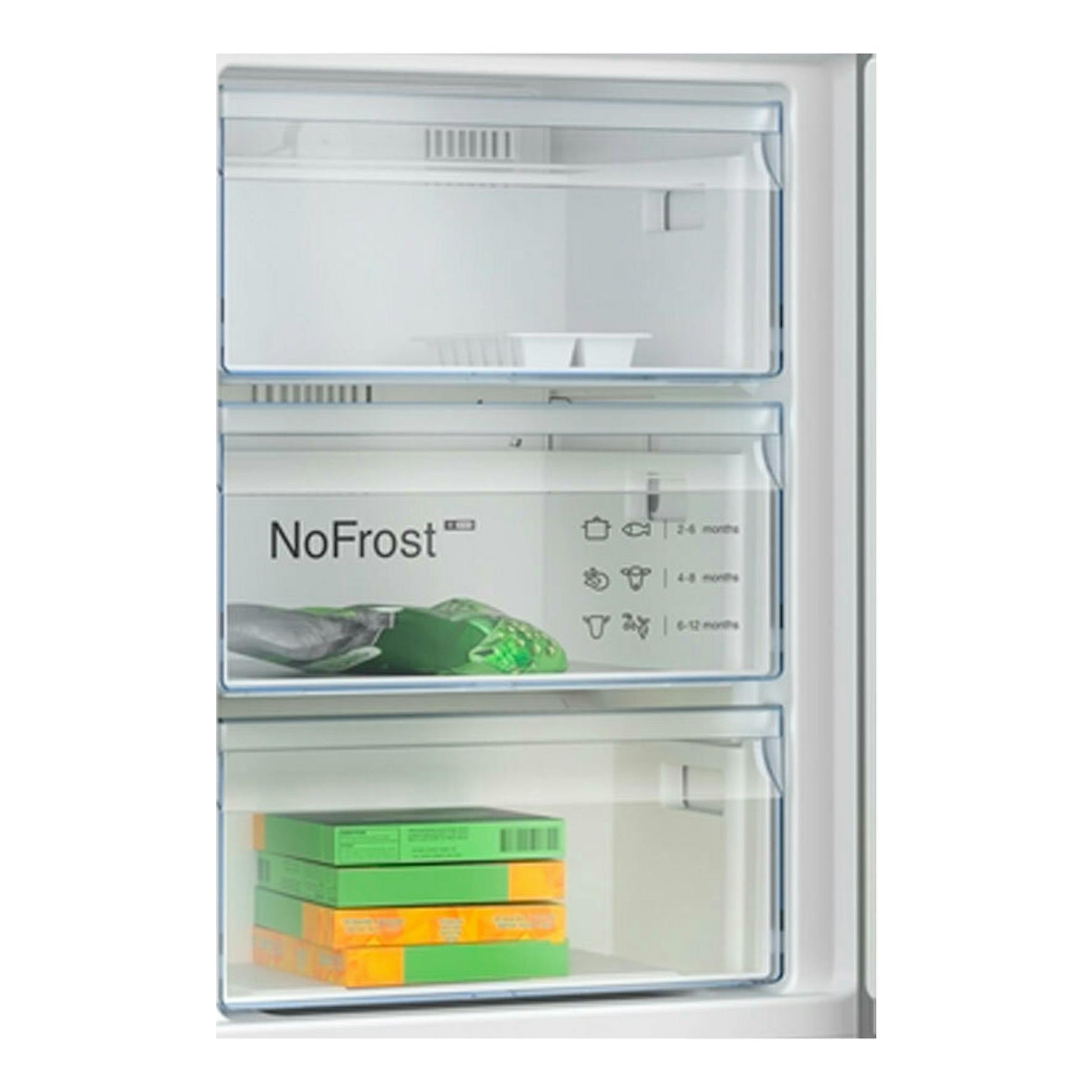 Interior del congelador de frigorífico combi Balay 3KFB864XE, con tres cajones transparentes y puerta blanca.
