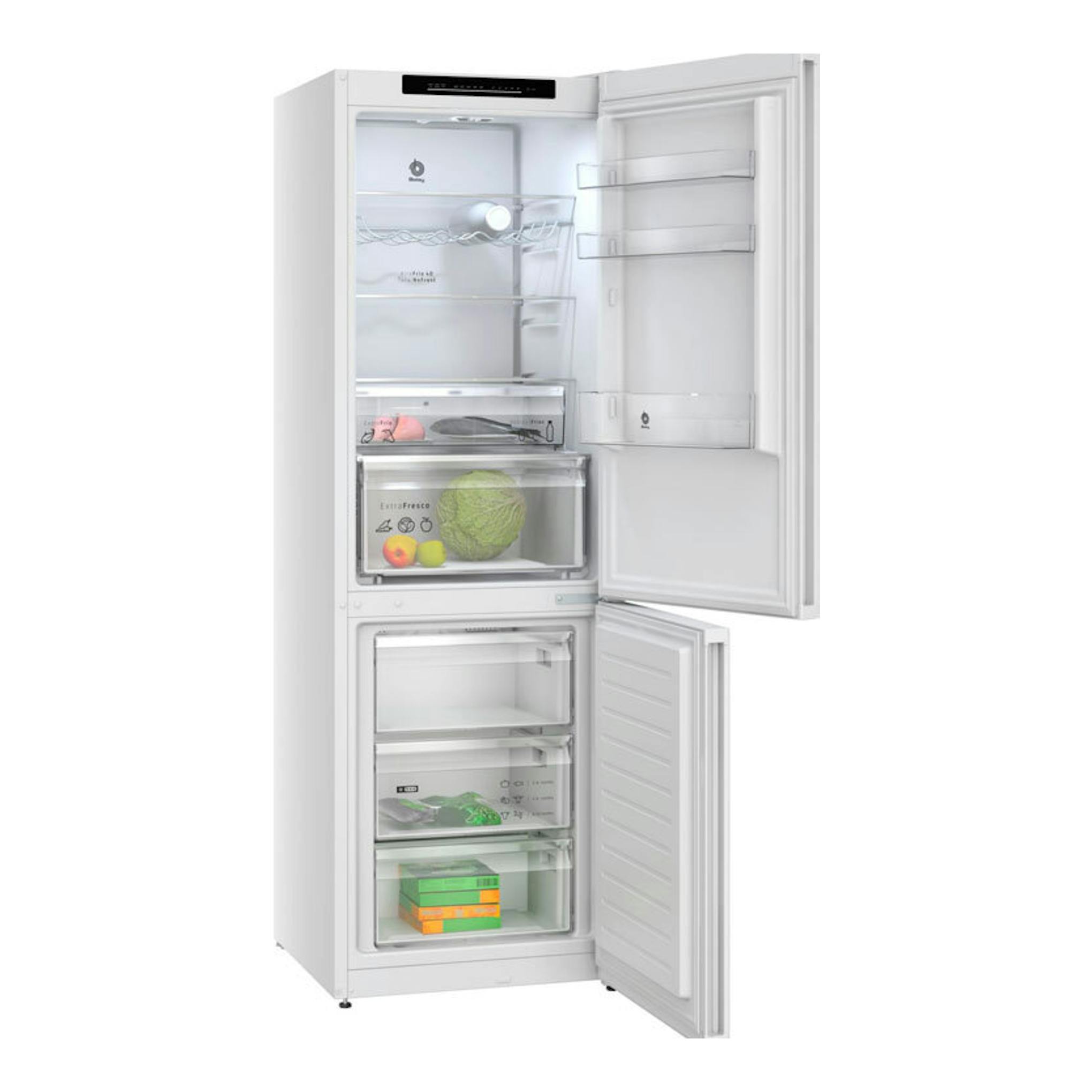 Frigorífico combi Balay 3KFC653WI blanco, vista frontal con puertas abiertas.