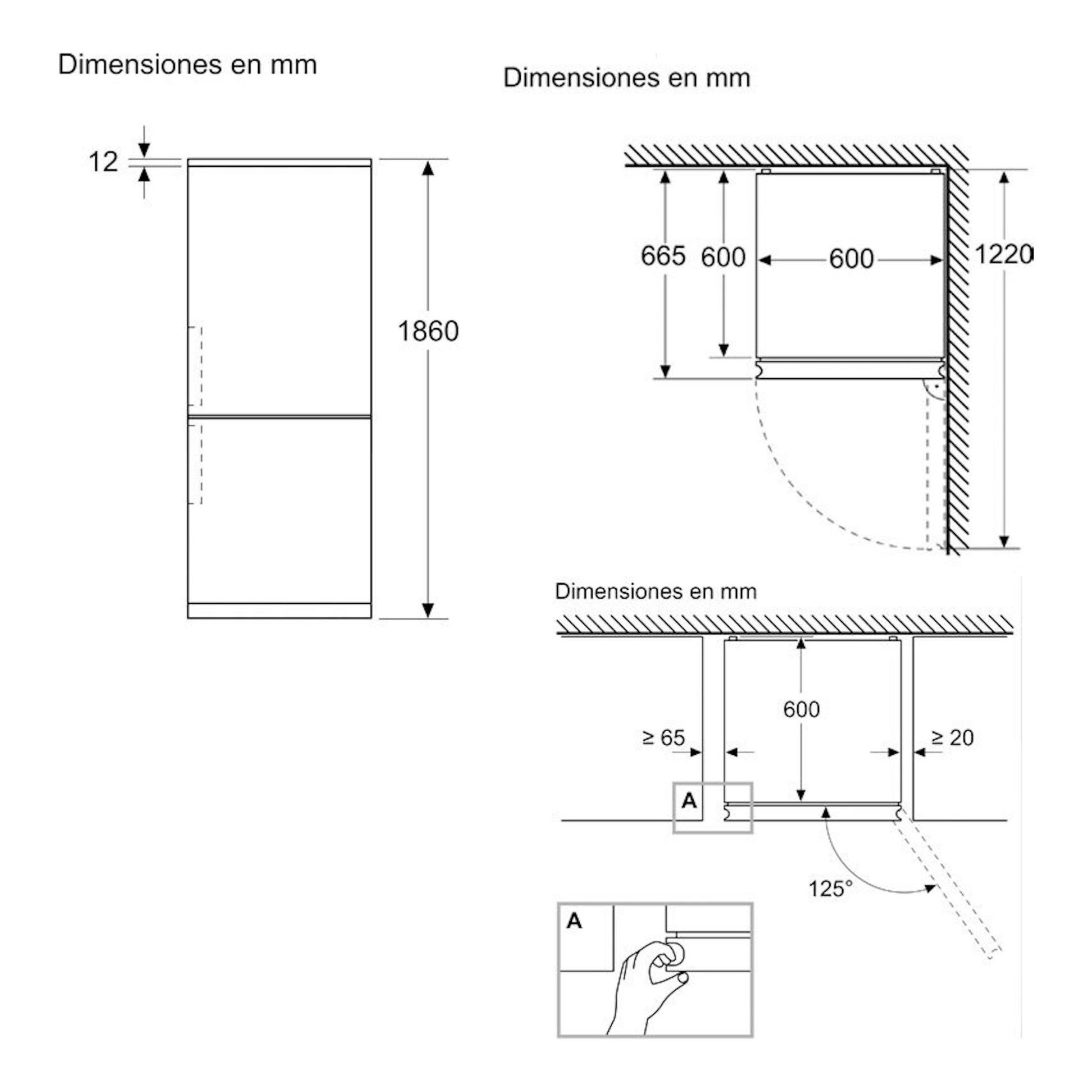 Esquema de dimensiones de frigorífico combi Balay 3KFC653XI Inox, vistas frontal y lateral, 1860 mm de alto.