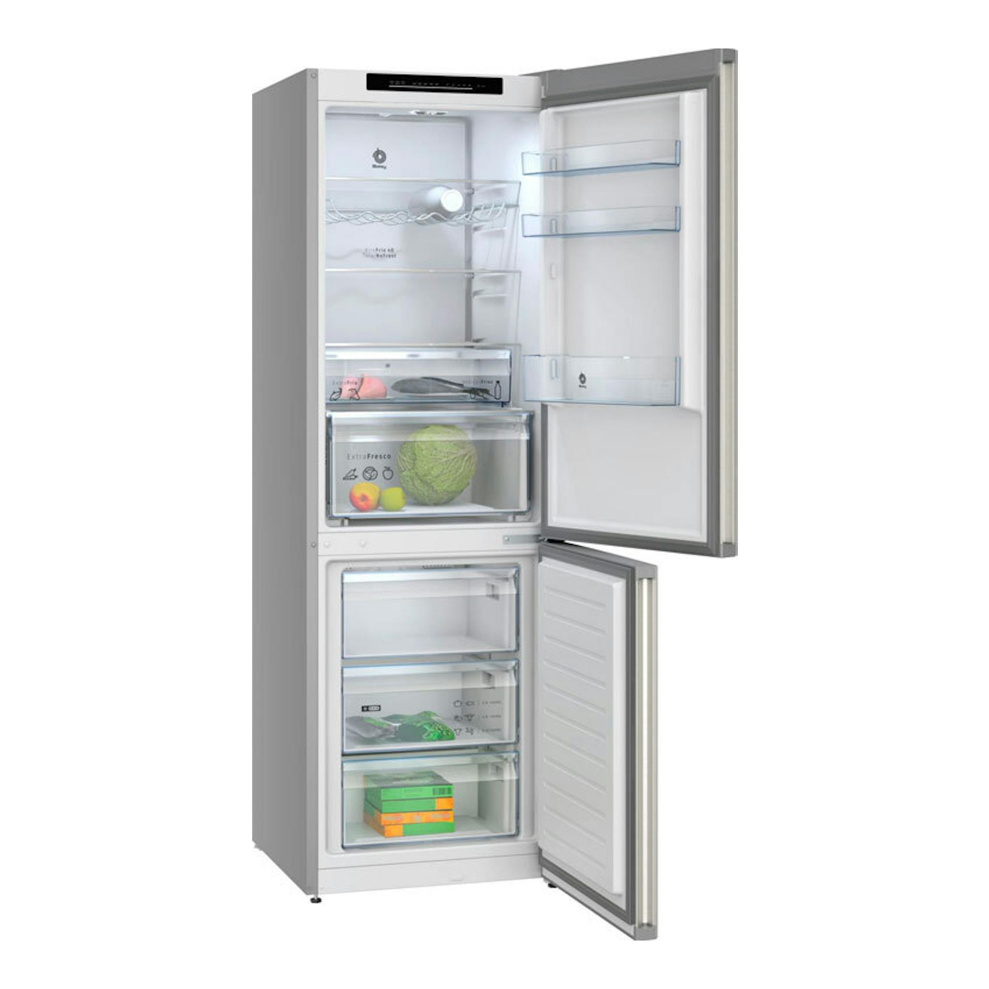 Frigorífico combi Balay 3KFC653XI inox, vista frontal con ambas puertas abiertas y compartimentos visibles.