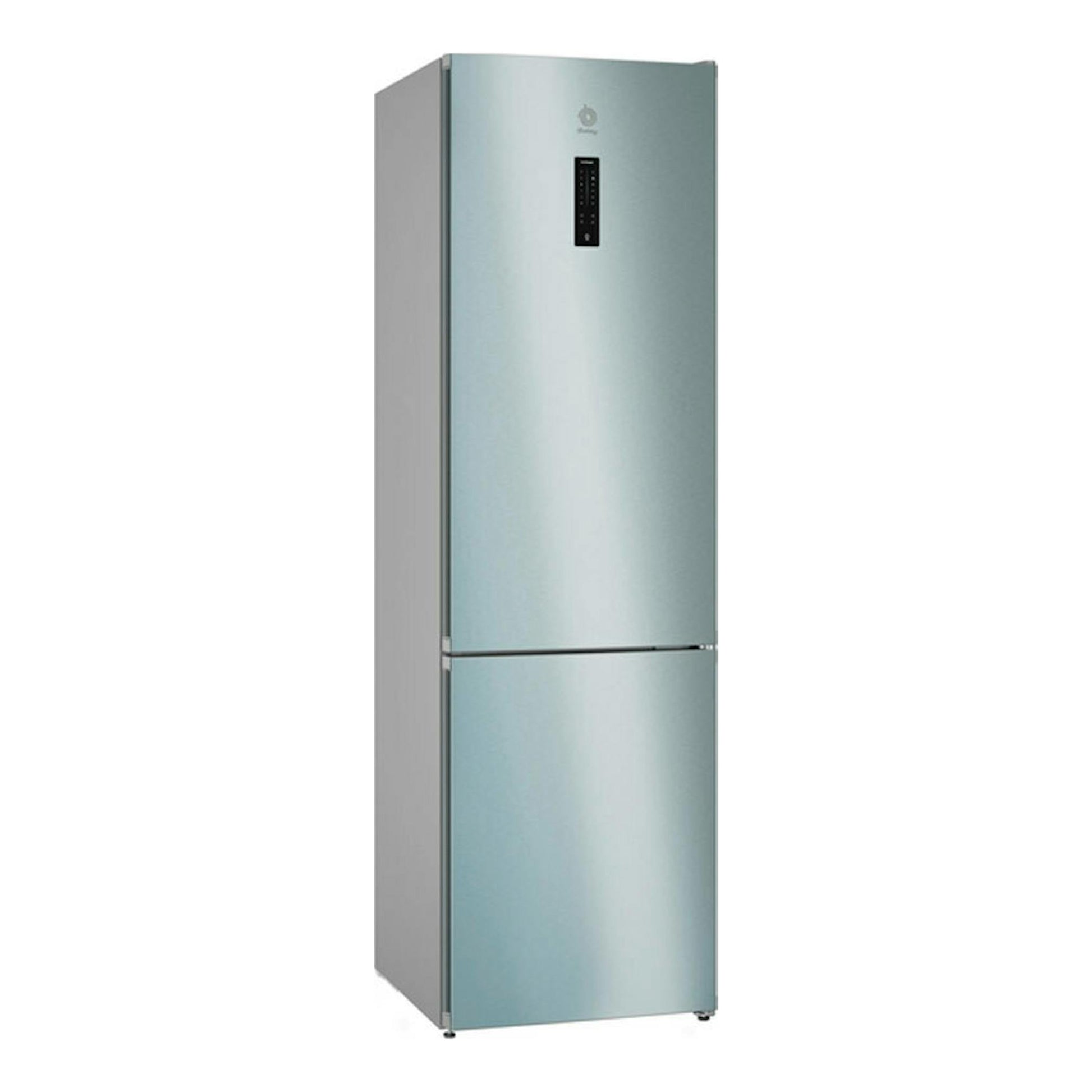 Frigorífico combi Balay 3KFC867XI inox, vista frontal en ángulo, con dos puertas y panel de control superior.