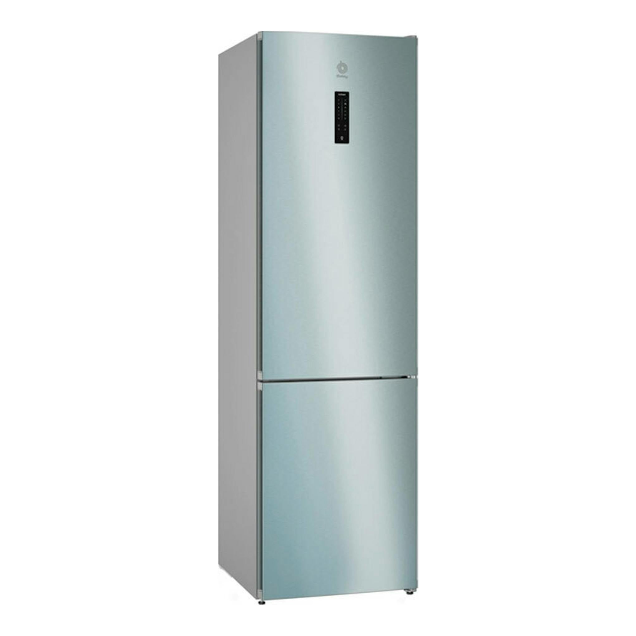 Frigorífico combi Balay 3KFC867XI inox, vista frontal en ángulo, con dos puertas y panel de control superior.