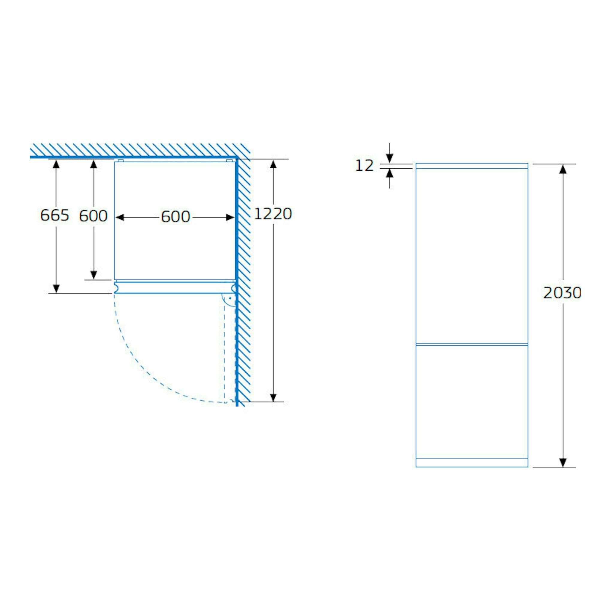 Plano técnico frontal del frigorífico combi Balay 3KFC867XI Inox con medidas de instalación.