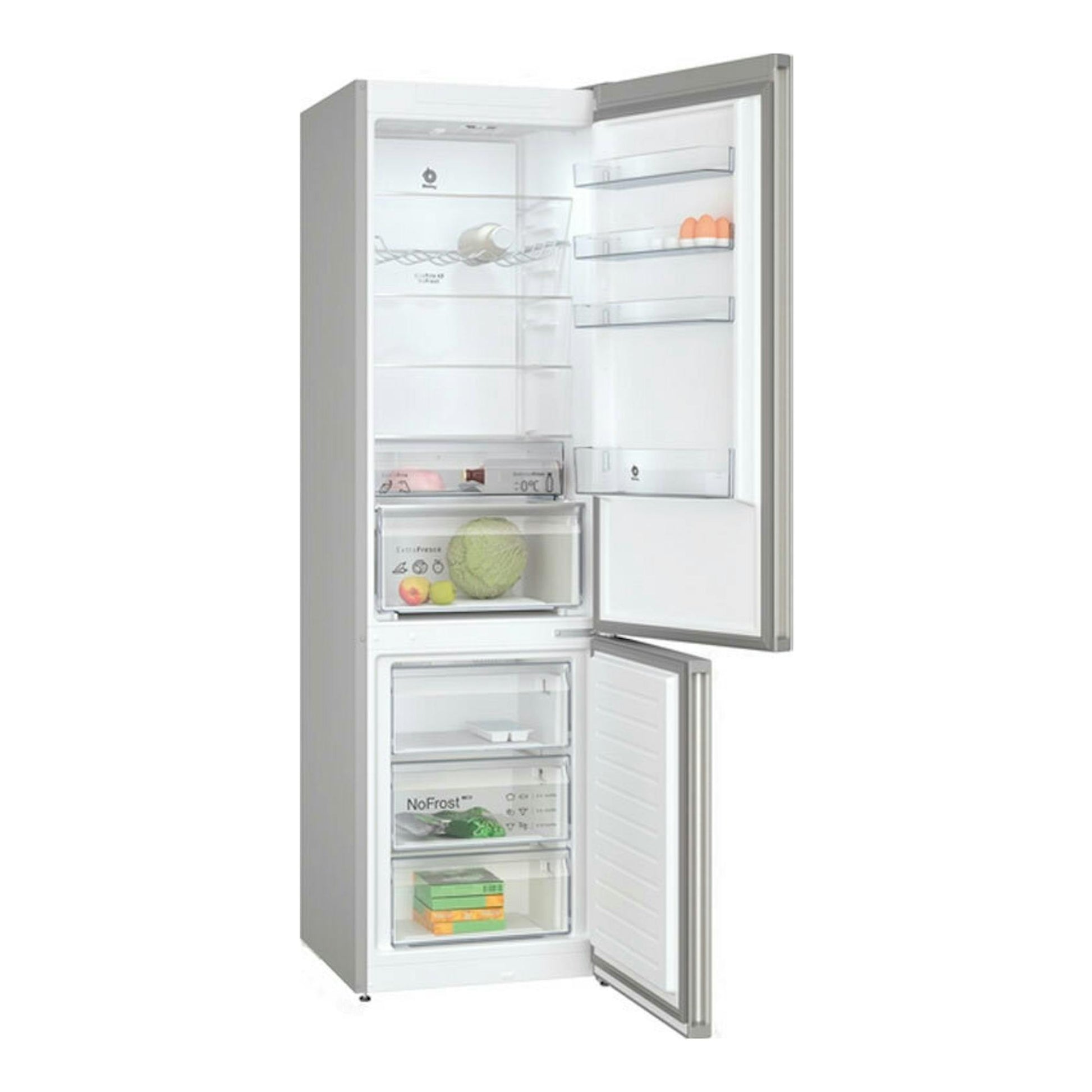 Frigorífico combi Balay 3KFC867XI inox, vista frontal con puertas abiertas y cajones interiores.