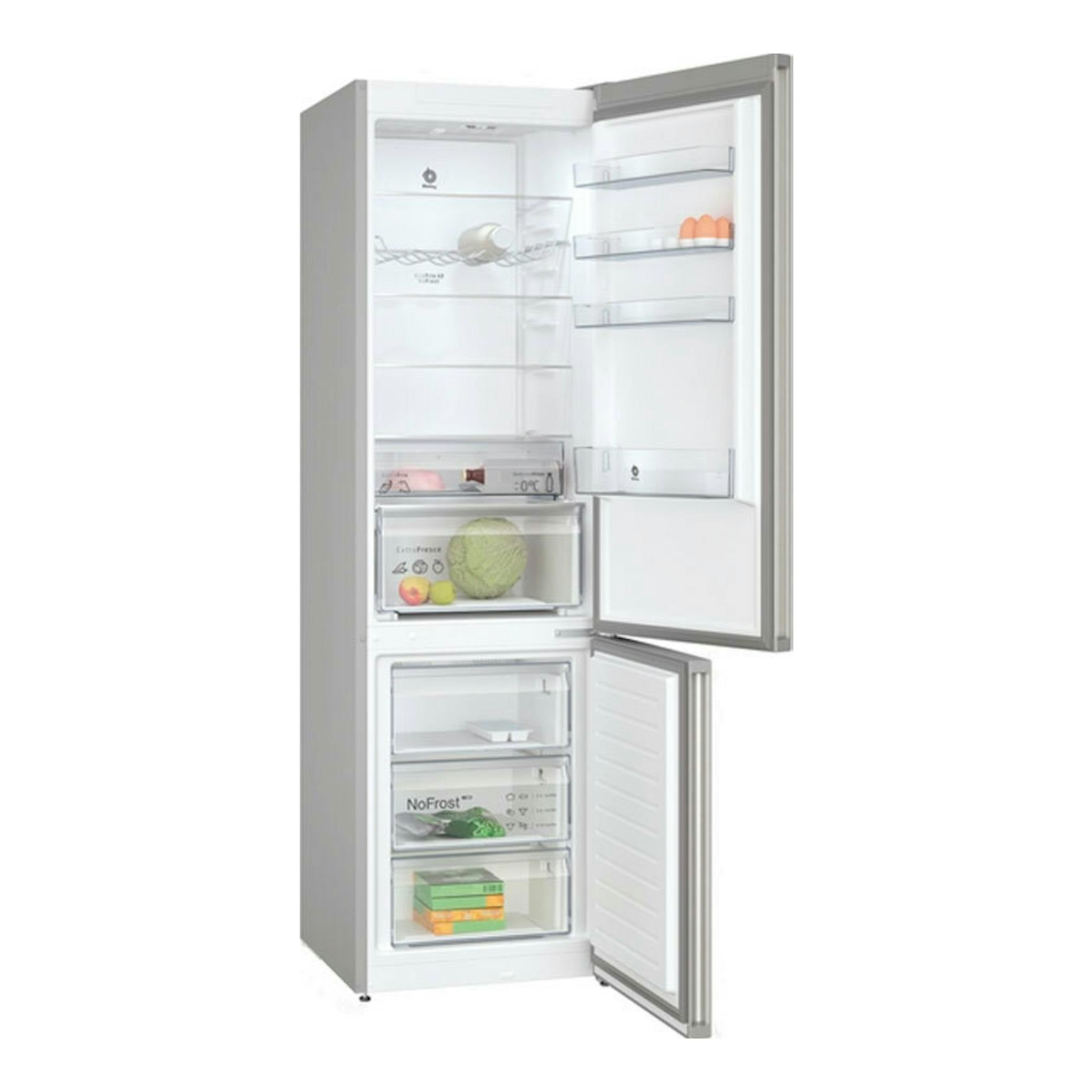 Frigorífico combi Balay 3KFC867XI inox, vista frontal con puertas abiertas y cajones interiores.