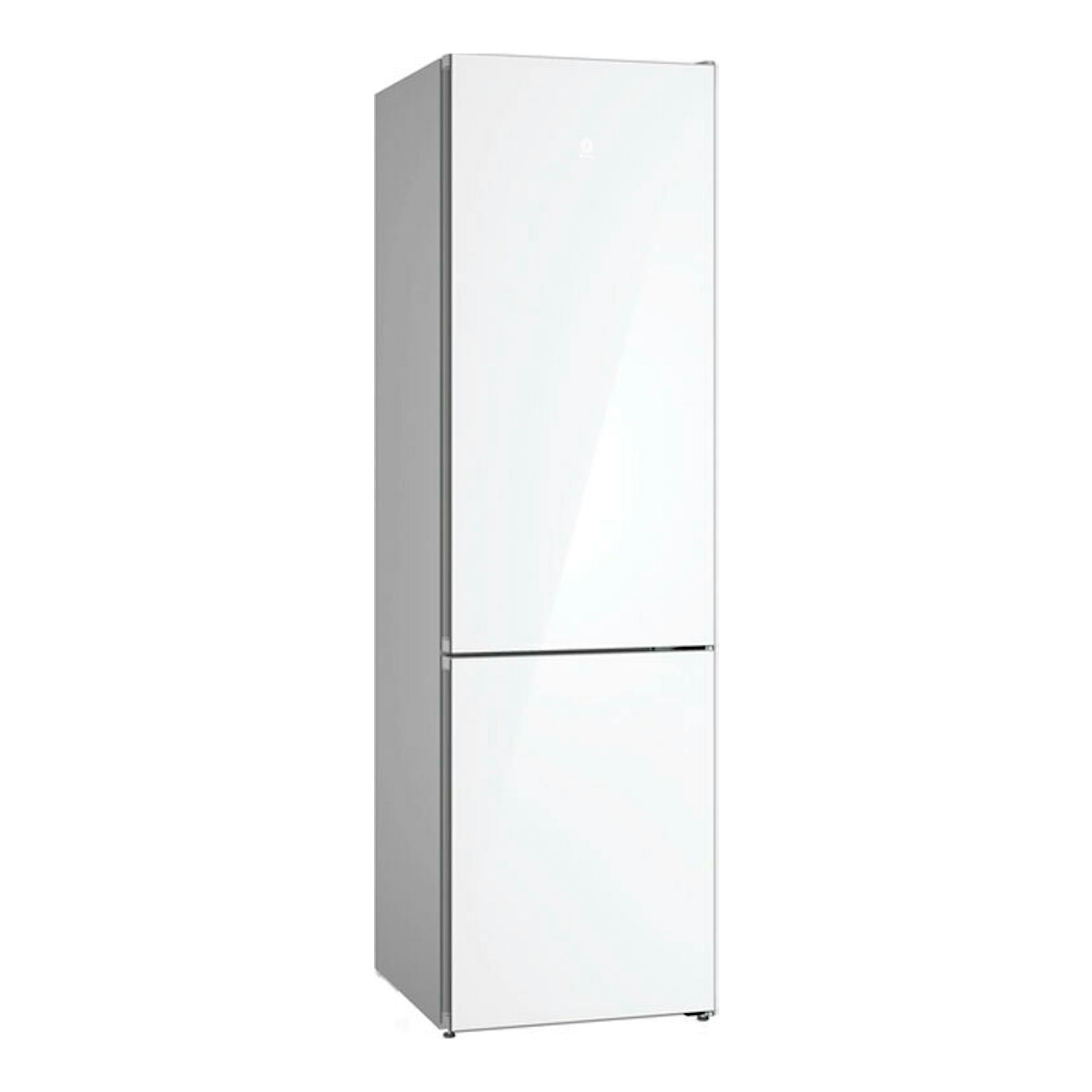 Frigorífico combi Balay 3KFC869BI blanco, vista frontal en ángulo, con dos puertas y acabado liso.