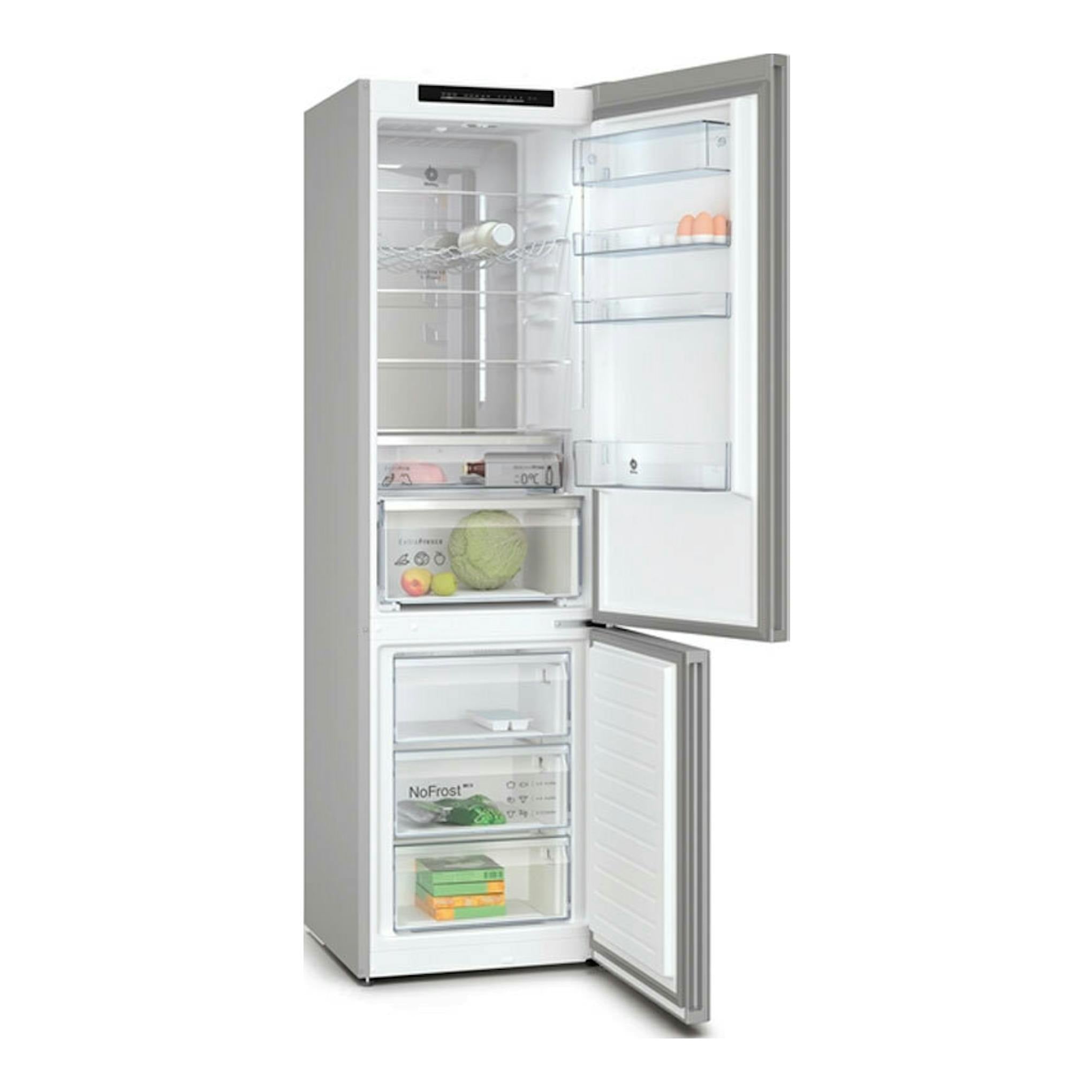 Frigorífico combi Balay 3KFC869BI blanco, vista frontal con puertas abiertas e interior visible