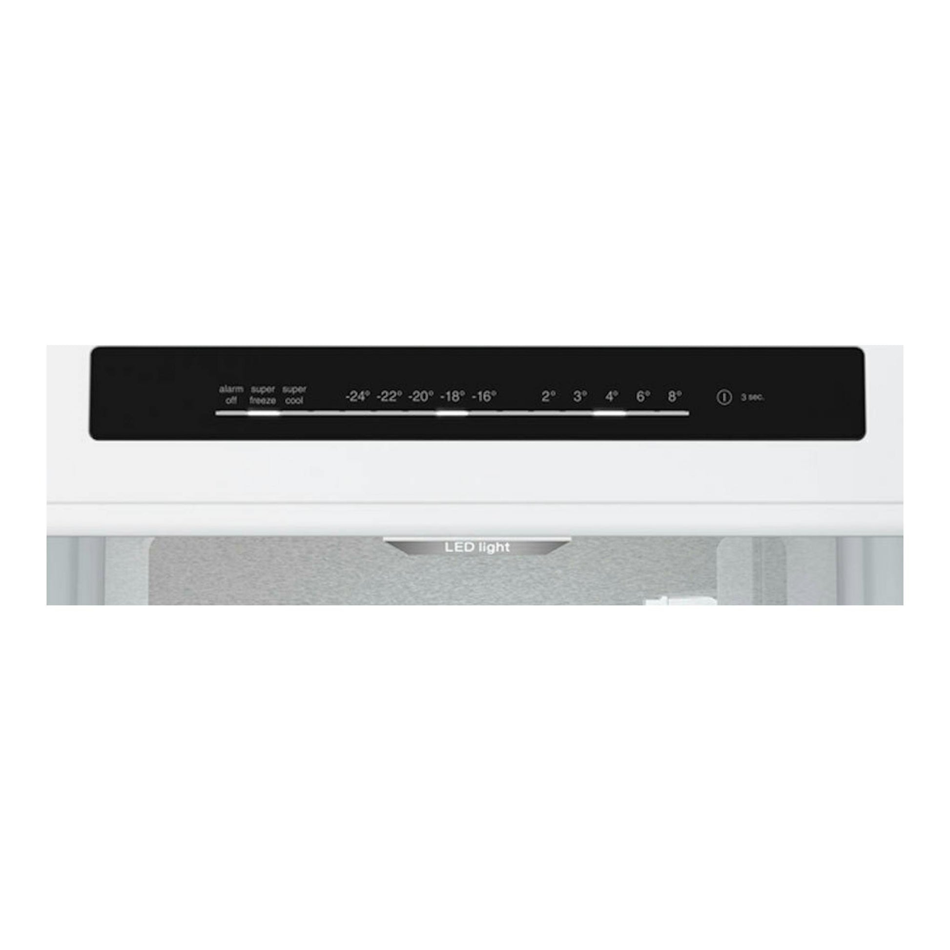 Frigorífico combi Balay 3KFC869BI blanco, vista frontal parcial con panel de control negro y display LED.