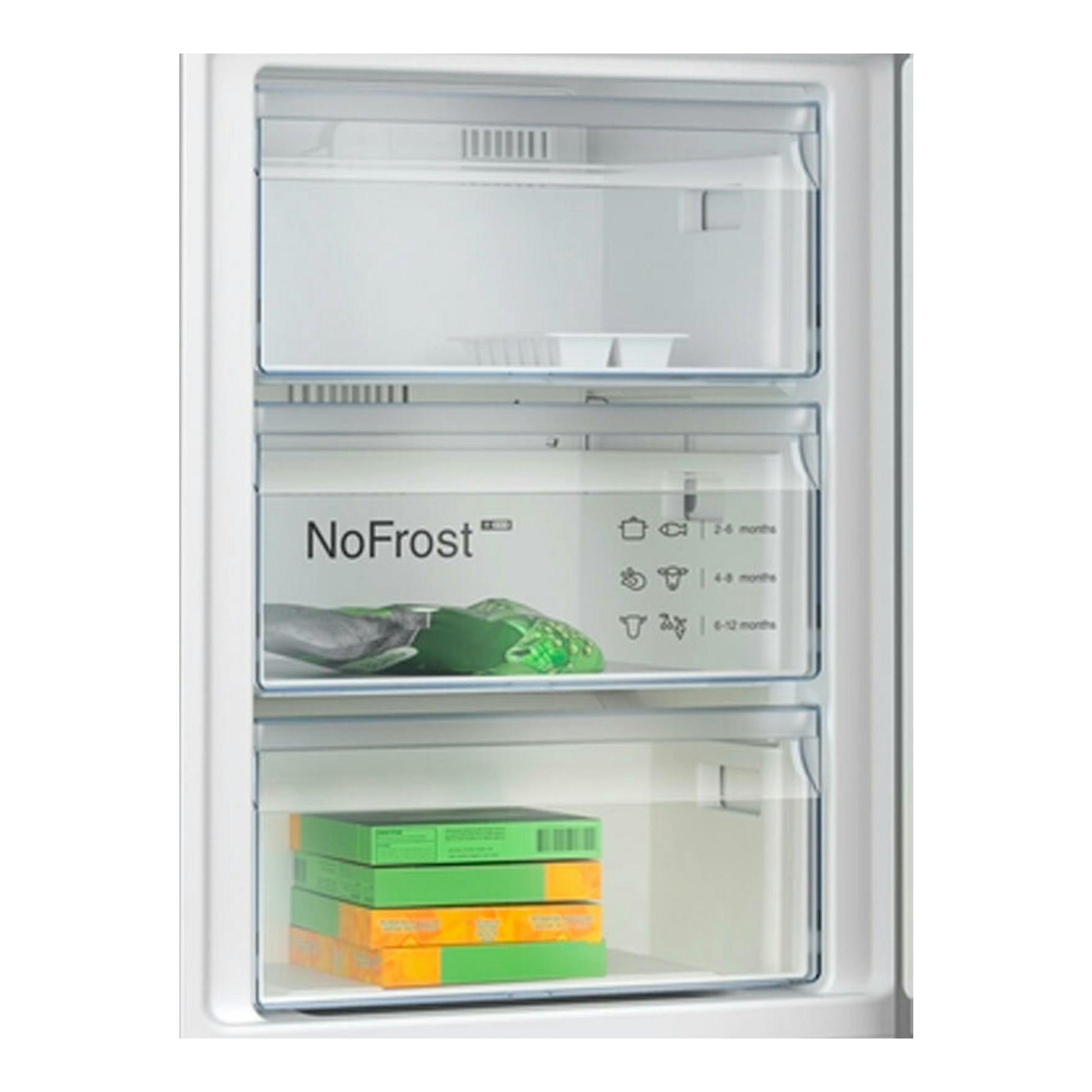 Frigorífico combi Balay 3KFC869BI blanco, interior del congelador con cajones NoFrost y cajas.