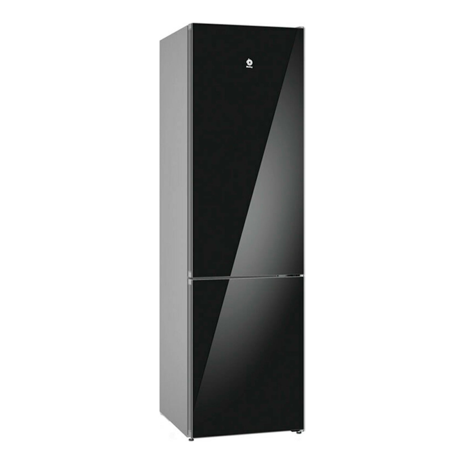 Frigorífico combi Balay 3KFC869NI negro, vista frontal, con puerta lisa y acabado brillante.