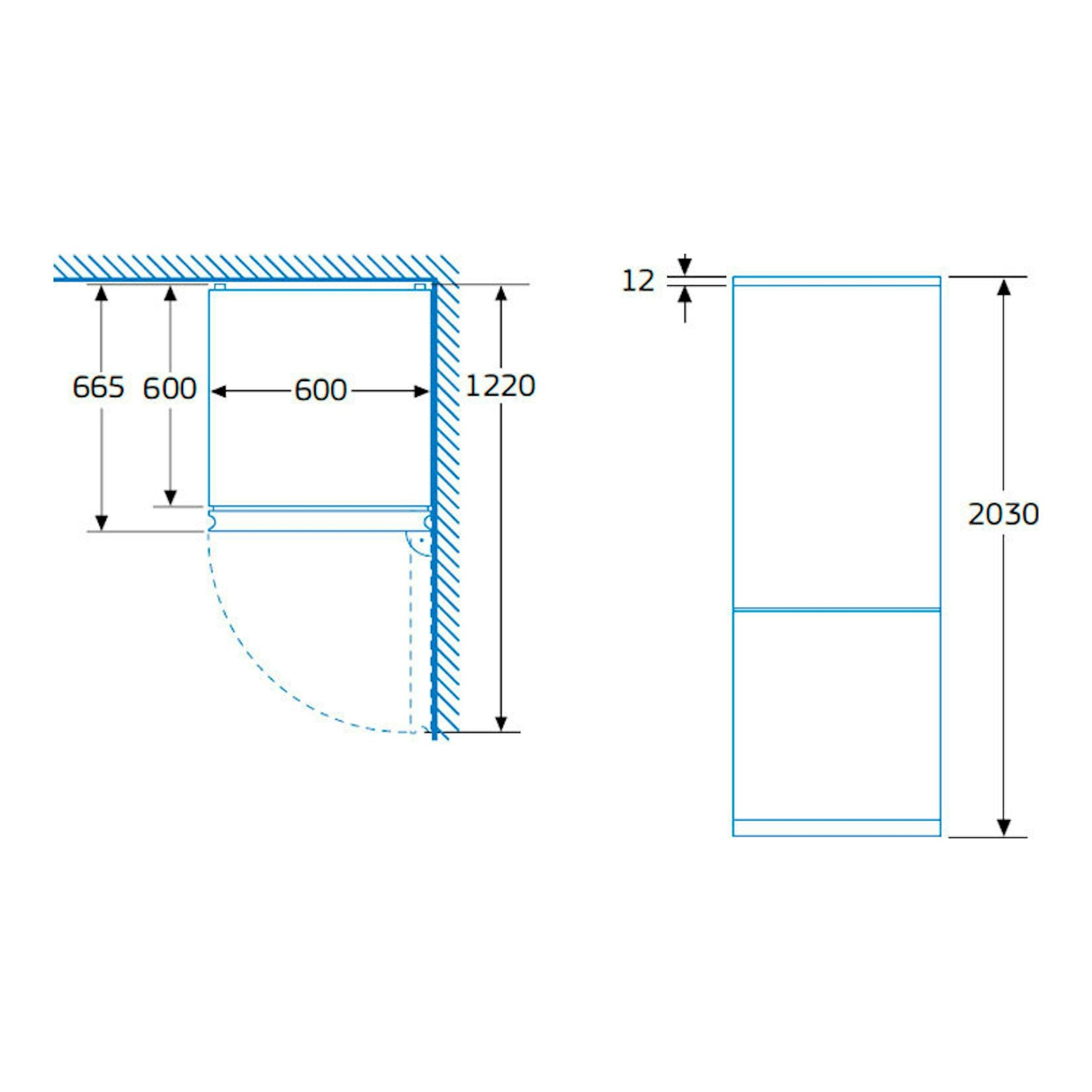 Diagrama técnico del frigorífico combi Balay 3KFC869NI, vista frontal y lateral con cotas de instalación.